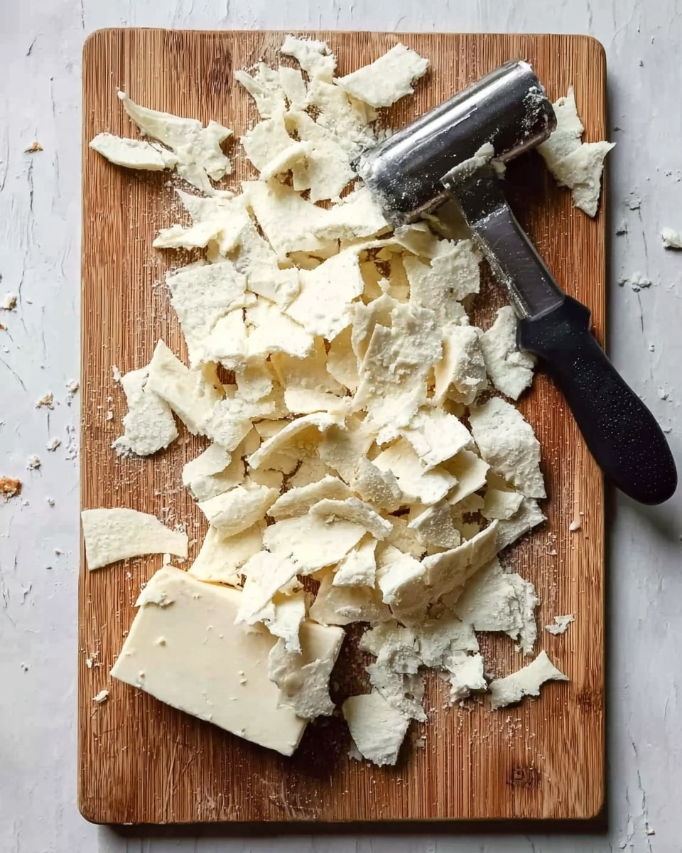 The image shows a wooden cutting board with many torn off white flaky pieces from a block of crumbly white cheese. The block of cheese is placed near the bottom center, with the torn cheese pieces spread all around it in a slightly messy way. Next to the block is a black-handled peeler lying flat, its blade touching some cheese flakes. The cutting board has a few small crumbs scattered on it, and the overall look is simple and rustic. The background is a white marbled texture. photo taken with an iphone --ar 4:5 --v 7