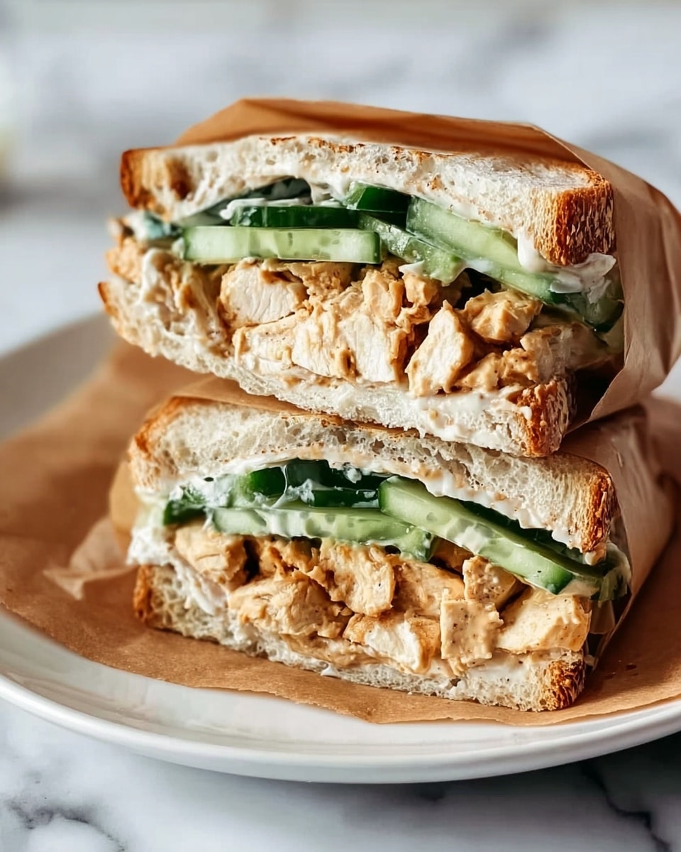 The image shows a close-up of a sandwich cut in half and stacked on a white plate. Each sandwich half has three main layers: a thick layer of soft, cooked chicken pieces with a light brown color on top, fresh green cucumber slices in the middle, and a spread of creamy white sauce or cheese underneath. The sandwich bread is toasted light brown with visible air pockets inside, and the sandwich is wrapped partially in brown paper. The plate sits on a surface with a white marbled texture in the background. Photo taken with an iphone --ar 4:5 --v 7