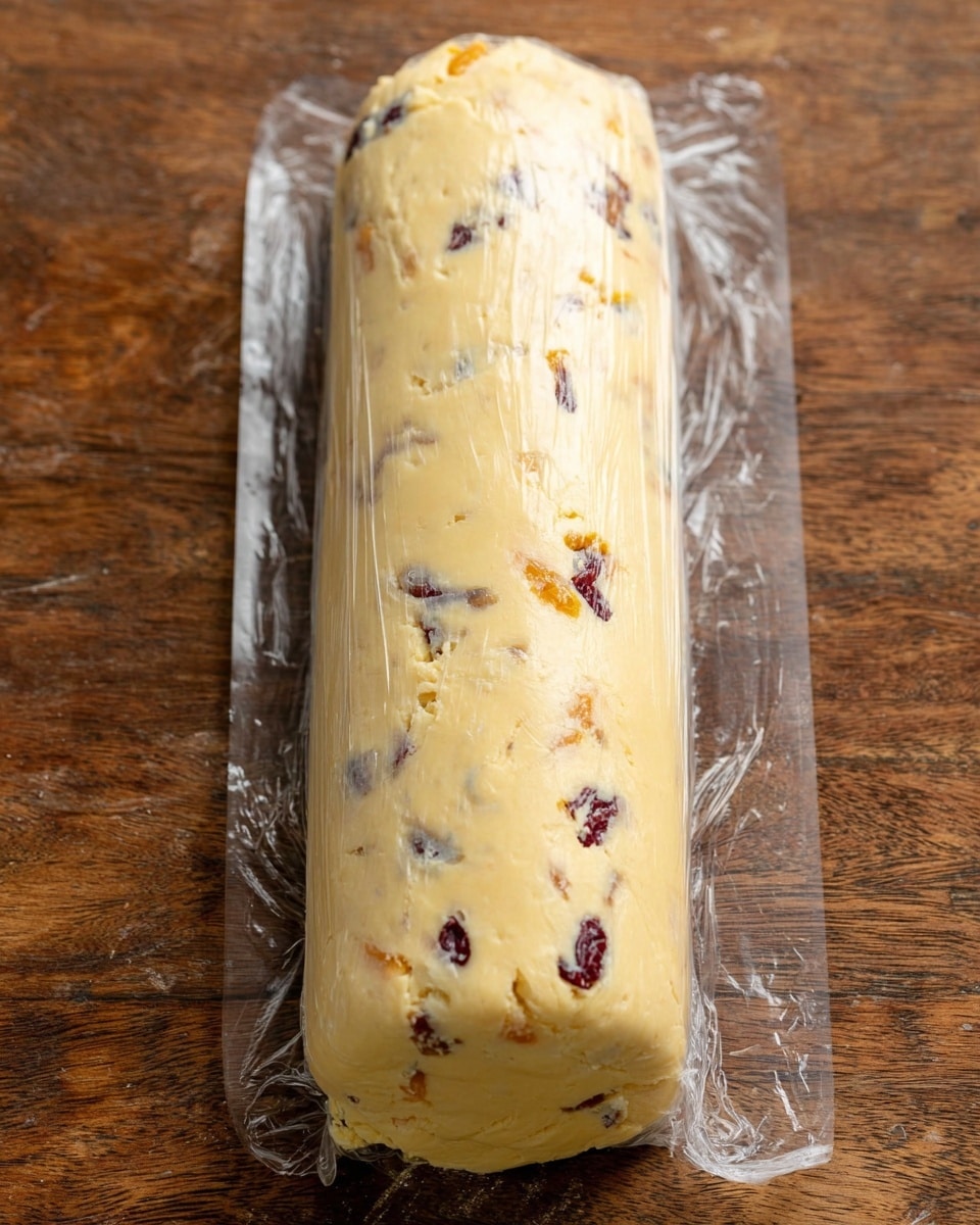 The image shows a tall, cylindrical log of pale yellow dough with small pieces of dark red and orange mixed throughout, indicating dried fruits embedded inside. It sits on a clear plastic wrap spread on a wooden surface, and a shiny knife is positioned at the bottom edge touching the log ready to slice. The dough has a smooth but slightly uneven texture, with faint wrinkled lines visible from the wrapping process. Photo taken with an iphone --ar 4:5 --v 7