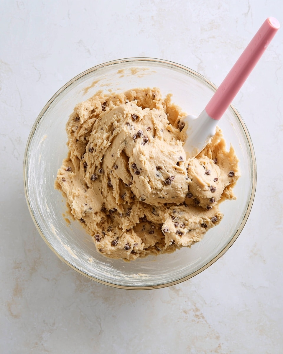 A clear glass bowl sits on a white marbled surface, filled with thick beige cookie dough mixed with small dark brown nut or chocolate pieces evenly spread throughout. A light pink silicone spatula with a white handle rests in the dough on the right side, partially covered with dough. The dough has a rough, slightly textured surface with some peaks and valleys from mixing. photo taken with an iphone --ar 4:5 --v 7