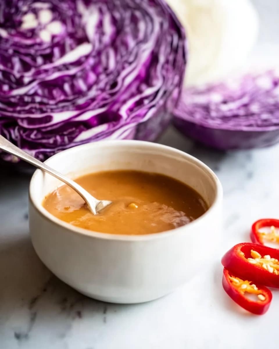 The image shows a round white bowl filled almost to the top with a smooth light brown sauce or dressing. A silver spoon rests inside the bowl with its handle leaning on the edge. Behind the bowl, there is a bright purple half cabbage with white veins and some white cabbage in the background, slightly out of focus. In the front right corner, there is a sliced red chili pepper with seeds visible inside. All items are placed on a white marbled surface. Photo taken with an iphone --ar 4:5 --v 7