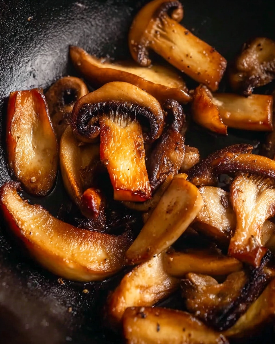 The image shows a close-up of several cooked mushrooms in a dark pan. The mushrooms are sliced into thick pieces with a golden brown color on the edges, ranging from light tan to deep brown, showing a shiny, slightly oily texture. The pan holds about two layers of mushrooms, with some pieces overlapping, and the overall look is rich and warm. photo taken with an iphone --ar 4:5 --v 7