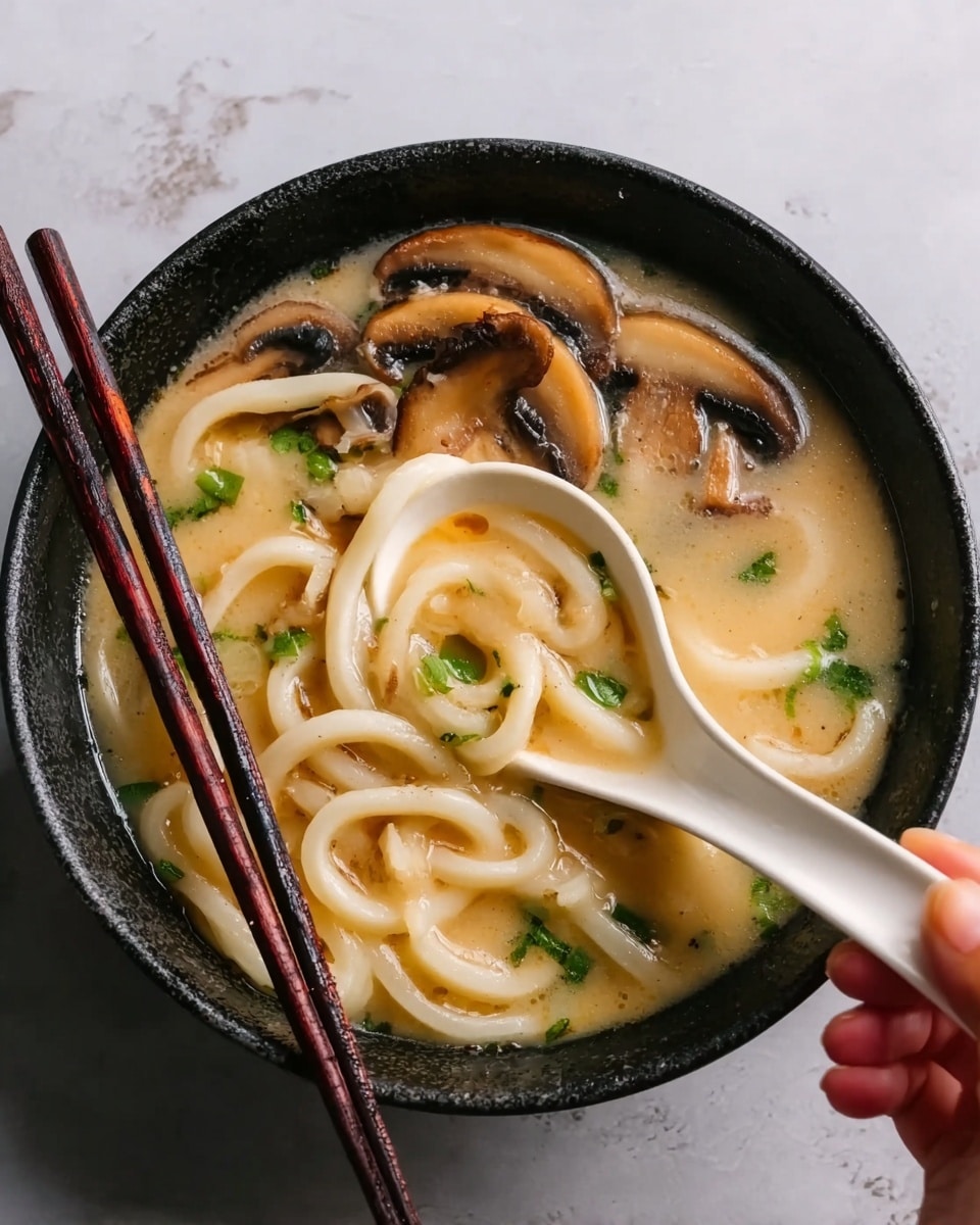 A close-up view of a black bowl filled with thick, pale yellow udon noodles sitting in a light creamy broth with small bits of green herbs floating on top. Several slices of cooked brown mushrooms rest on one side of the bowl, showing a tender texture. A white spoon, held by a woman's hand, dips into the broth, showing its smooth, creamy surface with small green garnish. Dark brown chopsticks rest on the bowl's edge. The bowl is placed on a white marbled surface. photo taken with an iphone --ar 4:5 --v 7