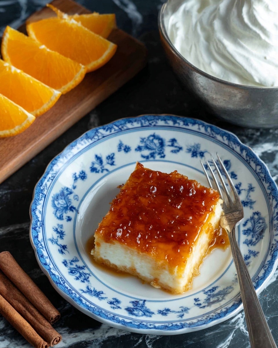 A square piece of golden-brown dessert with a shiny, caramelized top layer sits on a white plate decorated with blue floral patterns. The dessert looks soft with a slightly crispy top. A silver fork rests on the right side of the plate, touching the dessert. Above the plate, a metallic bowl filled with white whipped cream is visible. To the upper left, there are four bright orange wedges on a wooden board. Two cinnamon sticks are lying next to the plate on a dark surface with a white marbled texture. Photo taken with an iphone --ar 4:5 --v 7