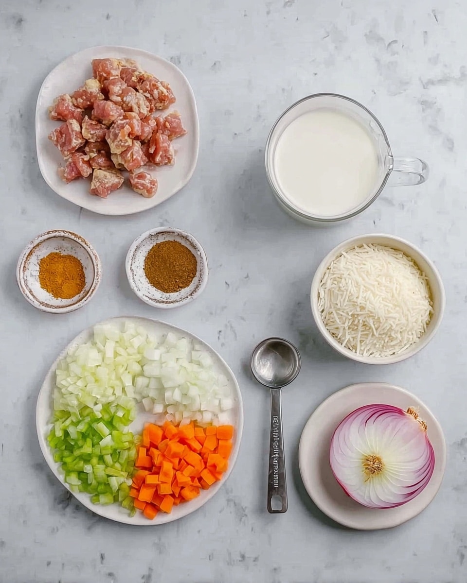 The image shows a white marbled surface with several white dishes arranged neatly. On the left, there is a white plate filled with small pieces of raw meat coated with spices, next to a smaller white plate with three piles of ground spices in different shades of brown. Next to the meat, there is a round white plate divided into four sections with chopped orange carrots, white onions, green celery, and more white onions. A metal measuring spoon with a white powder rests across the edge of the plate with vegetables. In the center, a white bowl holds a white liquid, likely coconut milk. To its right, a small white bowl of grated cheese and a smaller white bowl filled with uncooked white rice are placed side by side. Near the bowls is a peeled pink and yellow onion ring resting on a small white saucer. The white marbled surface gives a clean and fresh feel to the image. Photo taken with an iphone --ar 4:5 --v 7