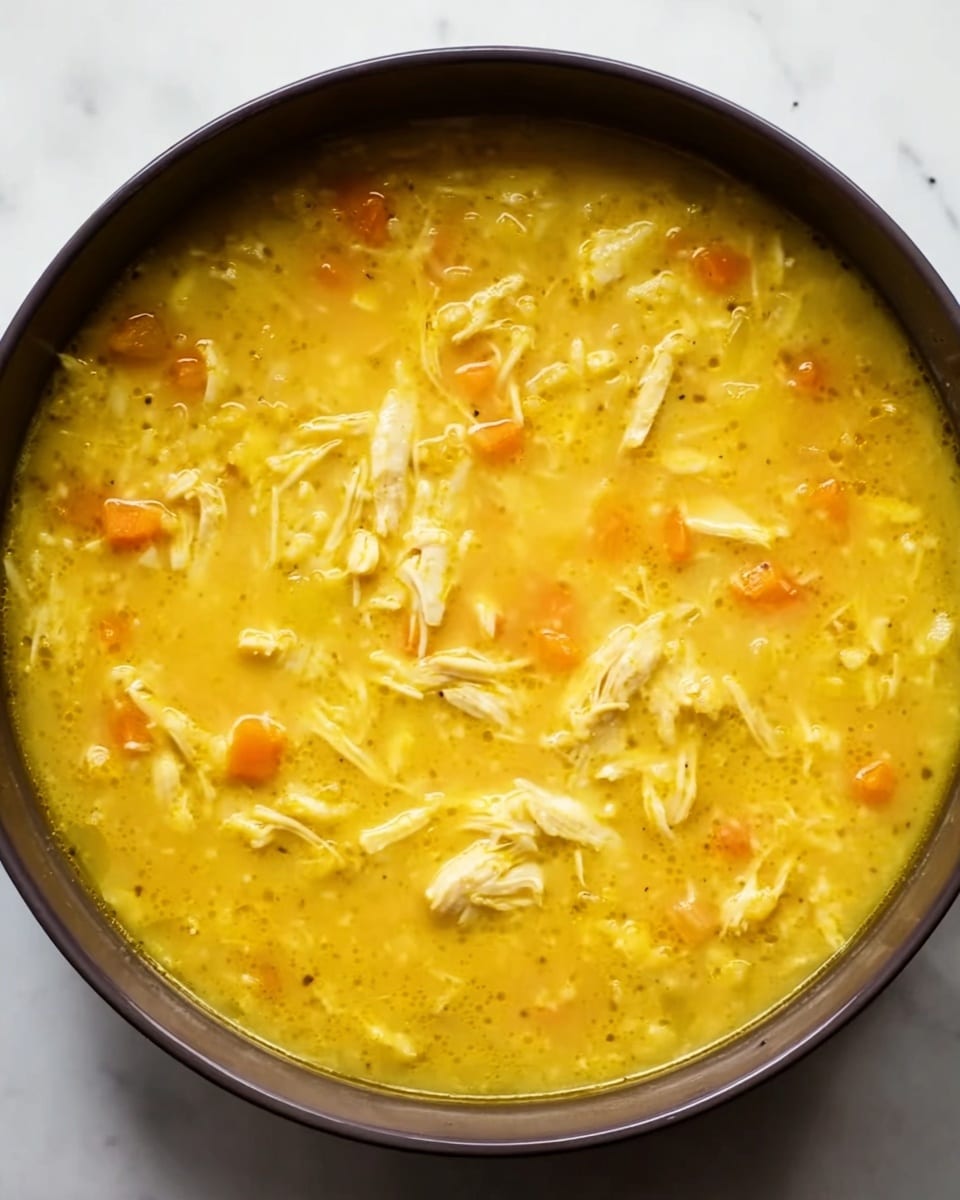 A close-up top view of a dark bowl filled with a thick yellow soup. The soup has a smooth texture with visible shredded pieces of pale yellow chicken and small bits of orange carrots mixed throughout. The bowl is placed on a white marbled surface, creating a clean and simple background. The colors are warm and inviting with the soup showing a mix of light and dark yellow shades. photo taken with an iphone --ar 4:5 --v 7