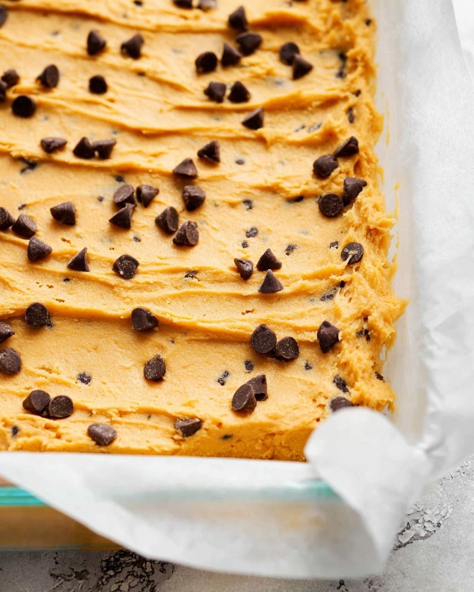 The image shows a thick, spread layer of light orange cookie dough with small dark brown chocolate chips mixed inside and scattered on top, placed in a glass baking dish lined with white parchment paper that folds over the edges. The dough is smoothed out evenly with slight ridges showing the spreading texture. The background is a white marbled texture. photo taken with an iphone --ar 4:5 --v 7