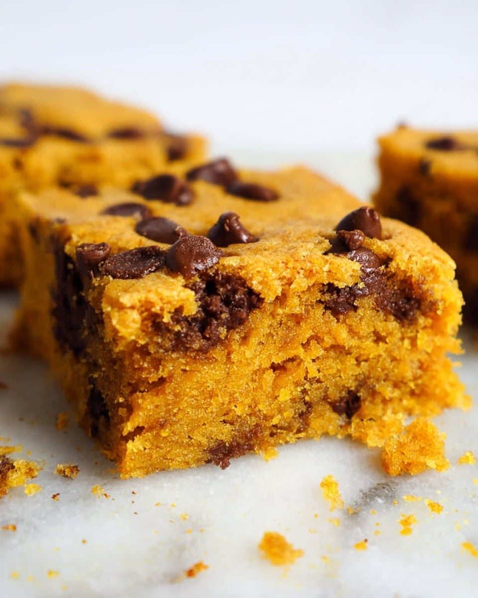 The image shows a close-up of a square piece of soft, thick, golden-orange cookie with dark brown chocolate chips scattered on and inside it. The cookie has a slightly crumbly texture, with a clear division into two layers of dense, moist dough. The background is a white marbled surface with small crumbs around the cookie piece. Photo taken with an iphone --ar 4:5 --v 7