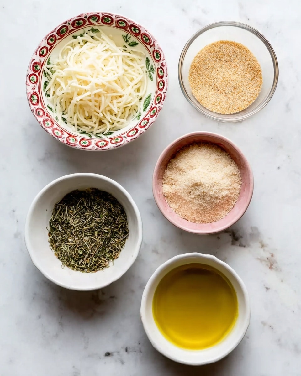 The image shows five small bowls arranged on a white marbled surface. The top left bowl is white with a red and green patterned rim, filled with shredded white cheese. To its right is a clear glass bowl holding light brown granules. Below, there is a white bowl on the left filled with dried green herbs, and to its right, a white bowl with a pink outside edge containing finely ground beige powder. At the bottom is a white bowl filled with golden yellow olive oil. All bowls show their contents clearly, with a bright, clean look. photo taken with an iphone --ar 4:5 --v 7