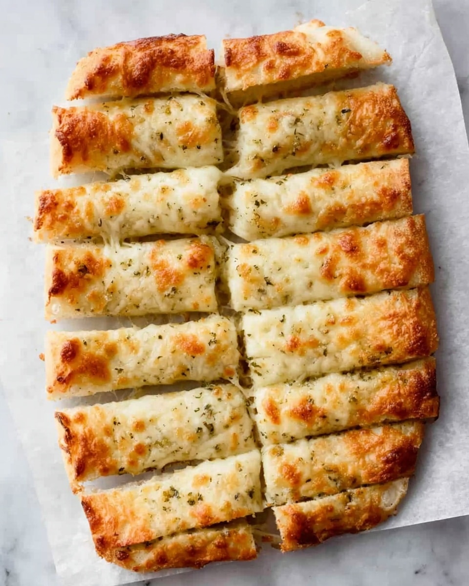 The image shows a cheesy bread that is sliced into 12 strips in a 3 by 4 arrangement on white parchment paper. The bread has a golden-brown crust with melted cheese on top, giving it a slightly bubbly texture with some herbs visible. The strips are placed on a white marbled surface, with the bread edges slightly browned and puffed up. photo taken with an iphone --ar 4:5 --v 7