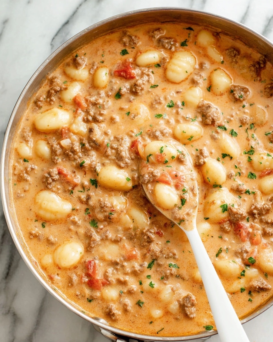 The image shows a large silver pan filled with creamy gnocchi soup. There are three main layers visible: the base is a thick, creamy light orange sauce, the second layer is small pieces of browned ground meat mixed with soft, white gnocchi, and the third is bits of diced tomatoes and onions scattered throughout. The dish is lightly sprinkled with chopped green herbs for color. A white spoon is scooping soup from the pan, showing the mix of smooth sauce, tender gnocchi, and meat. The pan sits on a white marbled surface. photo taken with an iphone --ar 4:5 --v 7