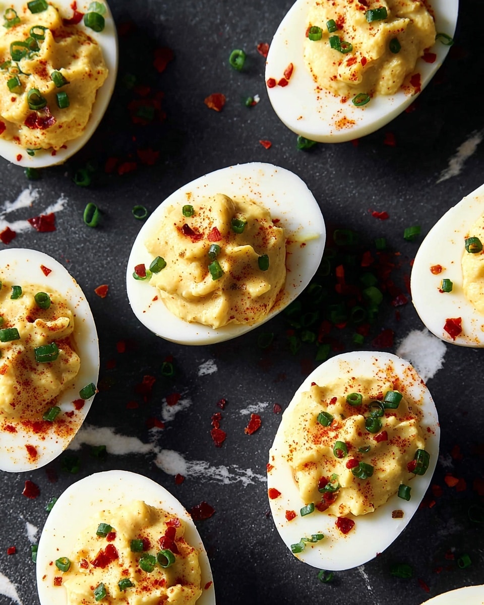 Several halved boiled eggs are arranged on a dark surface with a white marbled texture. Each egg has a smooth white outer layer and is filled with a creamy, light yellow yolk mixture that is slightly textured and piled high in the center. The yolk filling is sprinkled generously with small green chive pieces and bright red chili flakes, which add color contrast. The eggs are placed in scattered positions, showing a close-up view that highlights the texture of the filling and the freshness of the garnishes. Photo taken with an iphone --ar 4:5 --v 7
