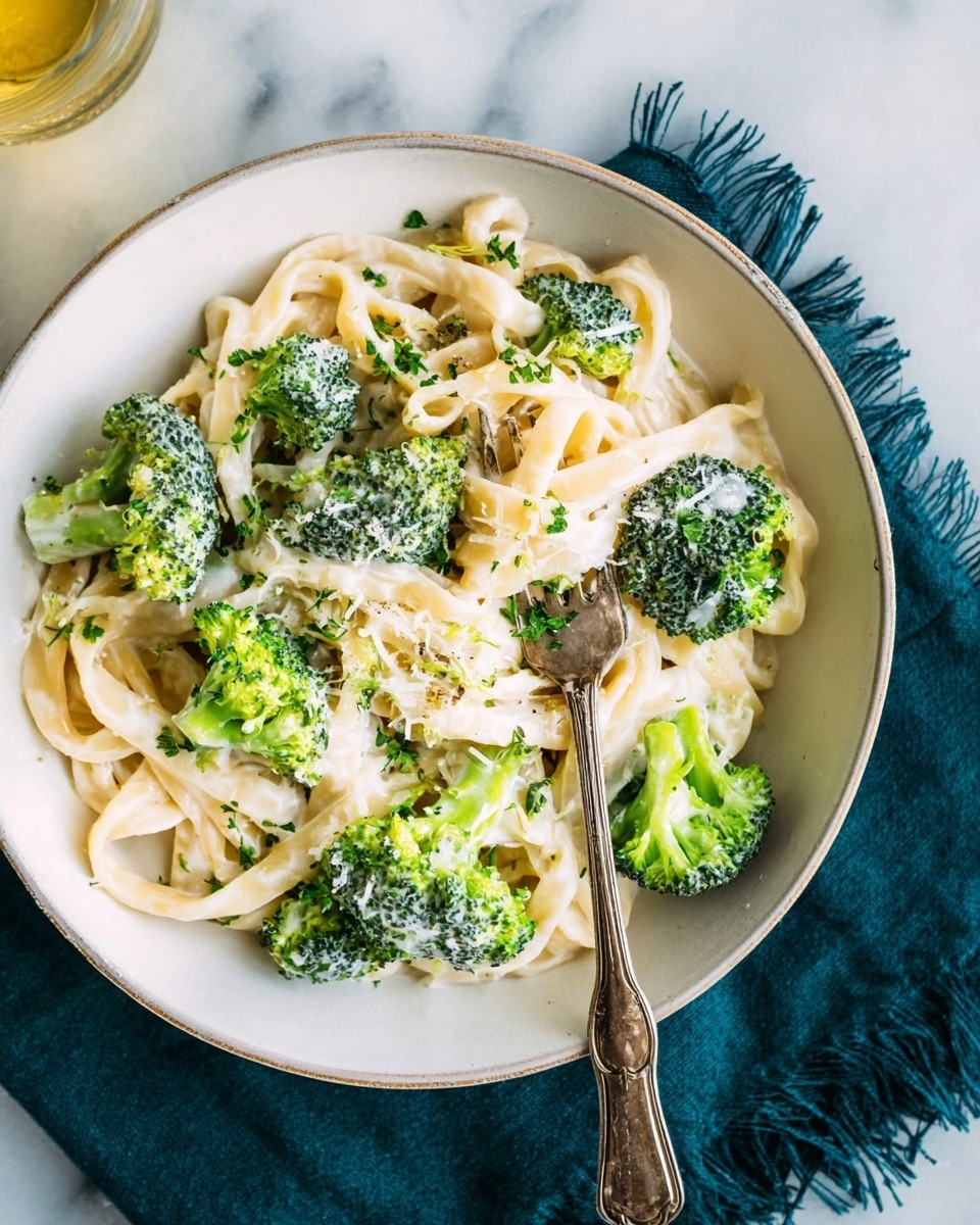 A white bowl holds creamy pasta mixed with bright green broccoli florets, covered in a smooth white sauce. The pasta strands are thick and twisted around a silver fork resting in the middle. Small bits of green herbs are sprinkled lightly over the pasta and broccoli. The bowl sits on a dark teal cloth with fringed edges, all placed on a white marbled surface. Photo taken with an iphone --ar 4:5 --v 7