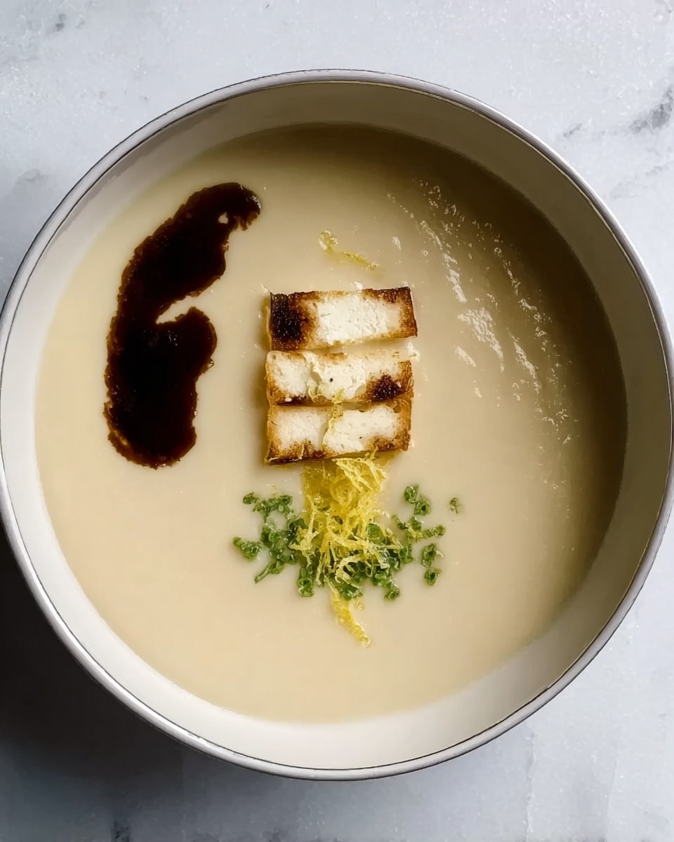 The image shows a close-up of a white bowl filled with smooth, light beige soup. In the middle, there is a small stack of five pale cream rectangular pieces layered neatly on top of each other. To the right of the stack, there is a small heap of finely chopped green herbs and some lemon zest, adding a bright yellow color. On the left side of the stack, a dark brown sauce is brushed in a small irregular shape that contrasts with the light soup. The bowl is placed on a white marbled surface. The photo taken with an iphone --ar 4:5 --v 7