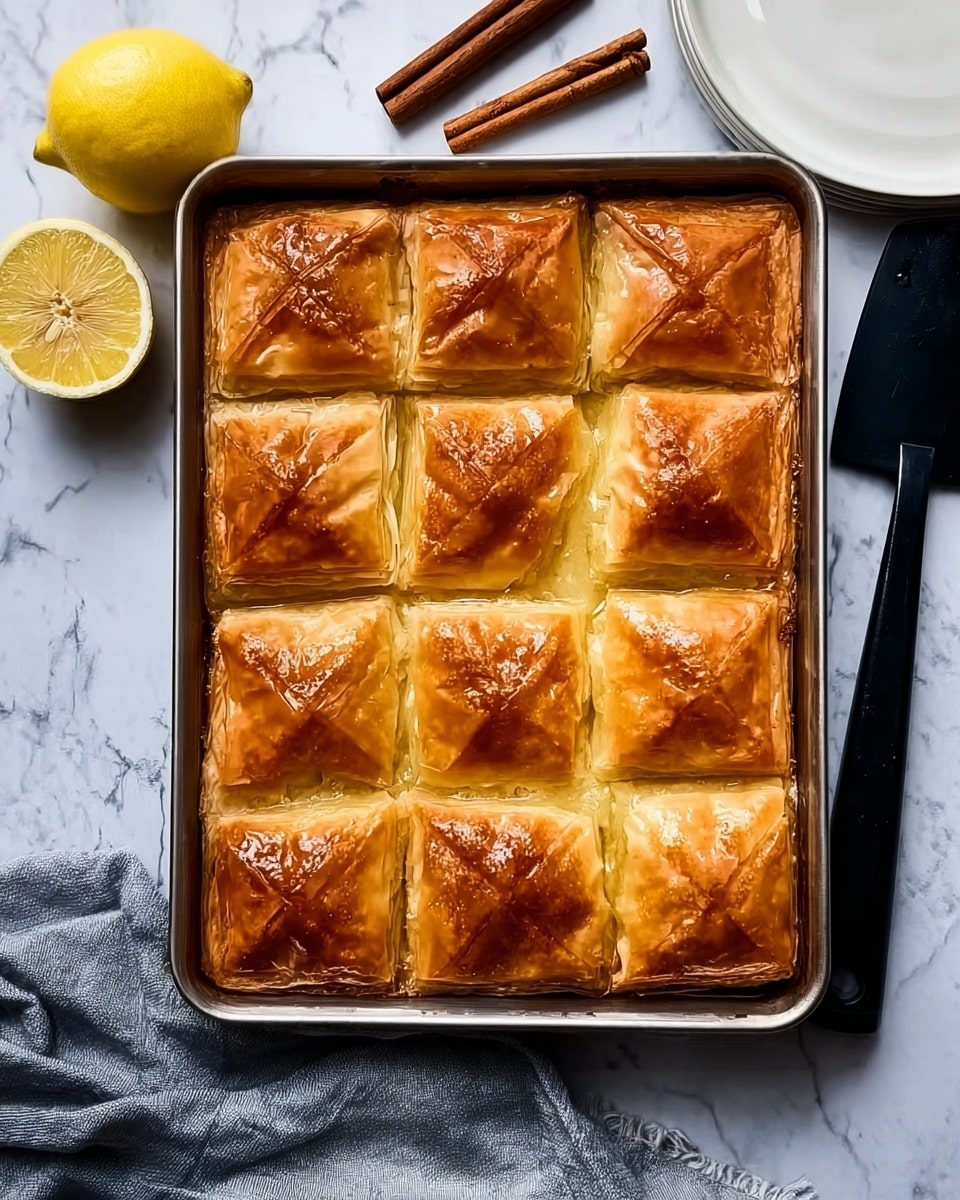 The image shows a rectangular metal baking tray filled with a golden-brown layered pastry divided into nine square pieces, each with a slightly puffed and flaky top layer that shines with a light glaze. The tray sits on a white marbled surface, with a whole lemon and a lemon half placed to the left and three cinnamon sticks near the top right. A white plate is partially visible in the top right corner, along with a black spatula placed near the right edge. A gray cloth is loosely placed on the bottom left. The overall look is warm and inviting, emphasizing the texture and color of the baked pastry photo taken with an iphone --ar 4:5 --v 7