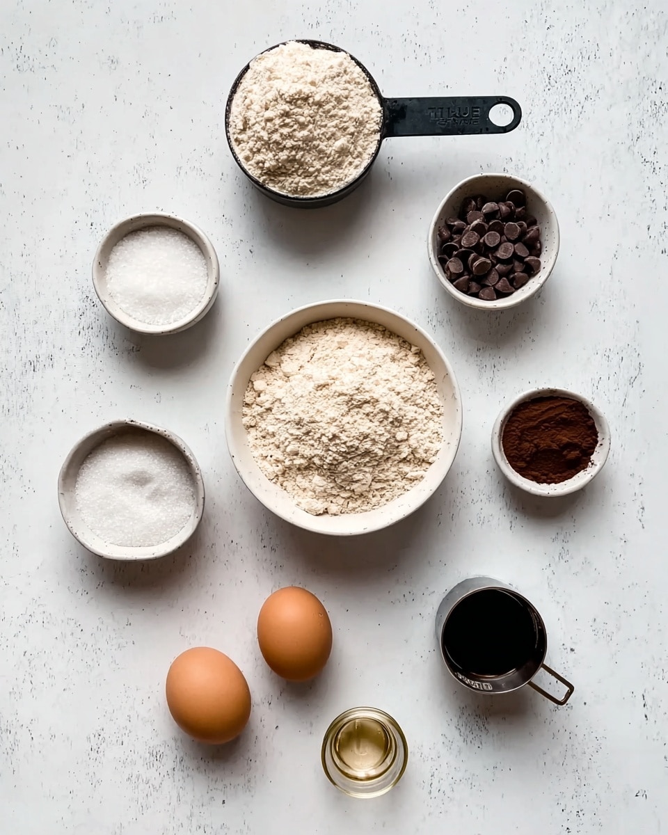 The image shows seven bowls and containers with ingredients for baking, all arranged on a white marbled surface. In the center, there is a white bowl filled with a light beige powder, likely flour. Above it, a small white bowl holds dark brown chocolate chips with a shiny texture. To the right of the chocolate chips, another small white bowl contains a dark brown powder, probably cocoa powder. Below these, two brown eggs rest side by side directly on the surface. To the left of the eggs, a small white bowl holds white granulated sugar. Above the sugar, a black measuring cup is filled with white flour, slightly mounded. To the right of the eggs, a small metal cup with a dark liquid, likely vanilla extract, has a fine textured surface. Finally, at the bottom, a small transparent glass contains a light yellow liquid, possibly oil. photo taken with an iphone --ar 4:5 --v 7