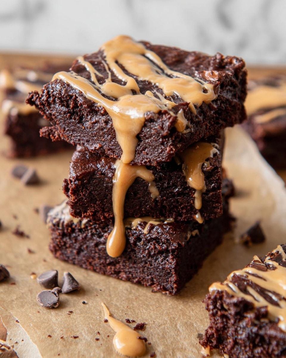 The image shows a stack of three thick, dark brown brownies with a soft, slightly textured surface filled with small chocolate chips. The top brownie is drizzled unevenly with a light brown creamy sauce, some dripping down the sides. The stack sits on brown parchment paper scattered with a few chocolate chips and crumbs. More brownies with the same sauce drizzle are placed around the stack on the parchment paper. The background is a white marbled texture. Photo taken with an iphone --ar 4:5 --v 7