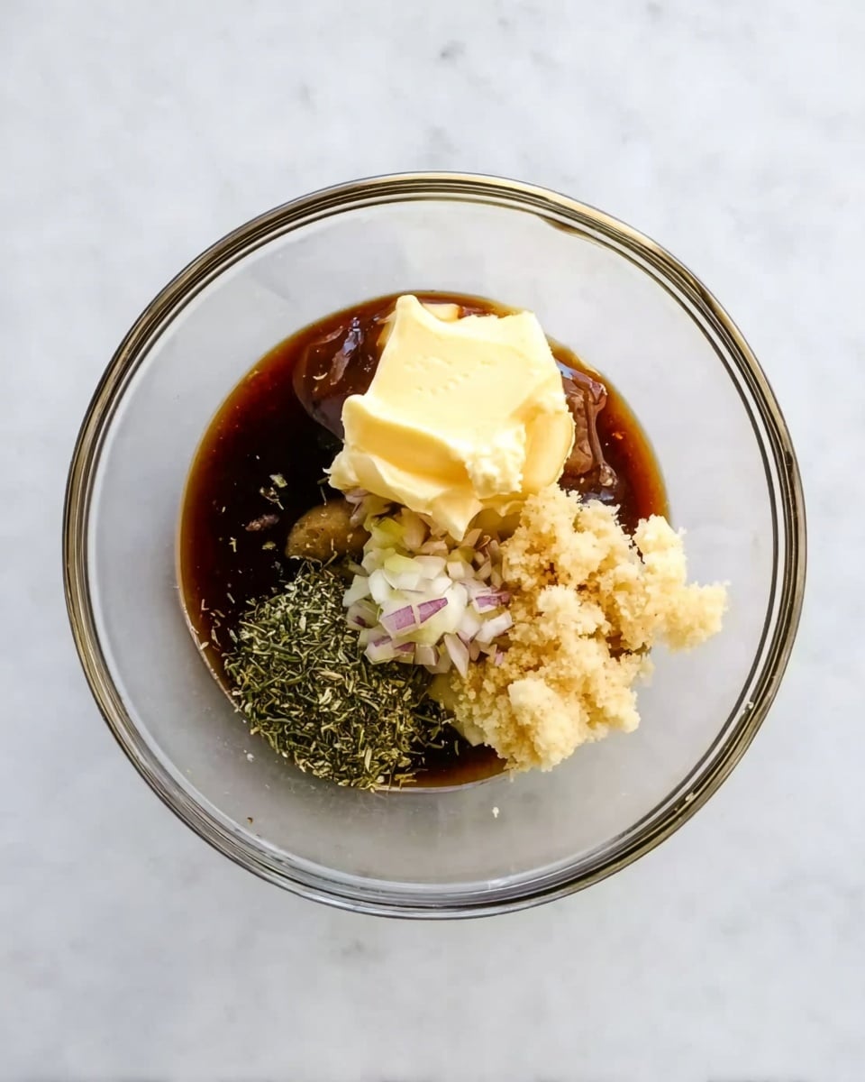 A clear glass bowl sitting on a white marble surface holds several ingredients gathered in small piles. There is a thick, dark brown sauce pooling at the bottom, on top of which sits creamy yellow butter, a small heap of light beige chopped ginger, finely chopped pale purple shallots, and a small amount of dark green dried herbs. The ingredients are arranged closely but not mixed, showing distinct colors and textures against the glass and marble background. photo taken with an iphone --ar 4:5 --v 7