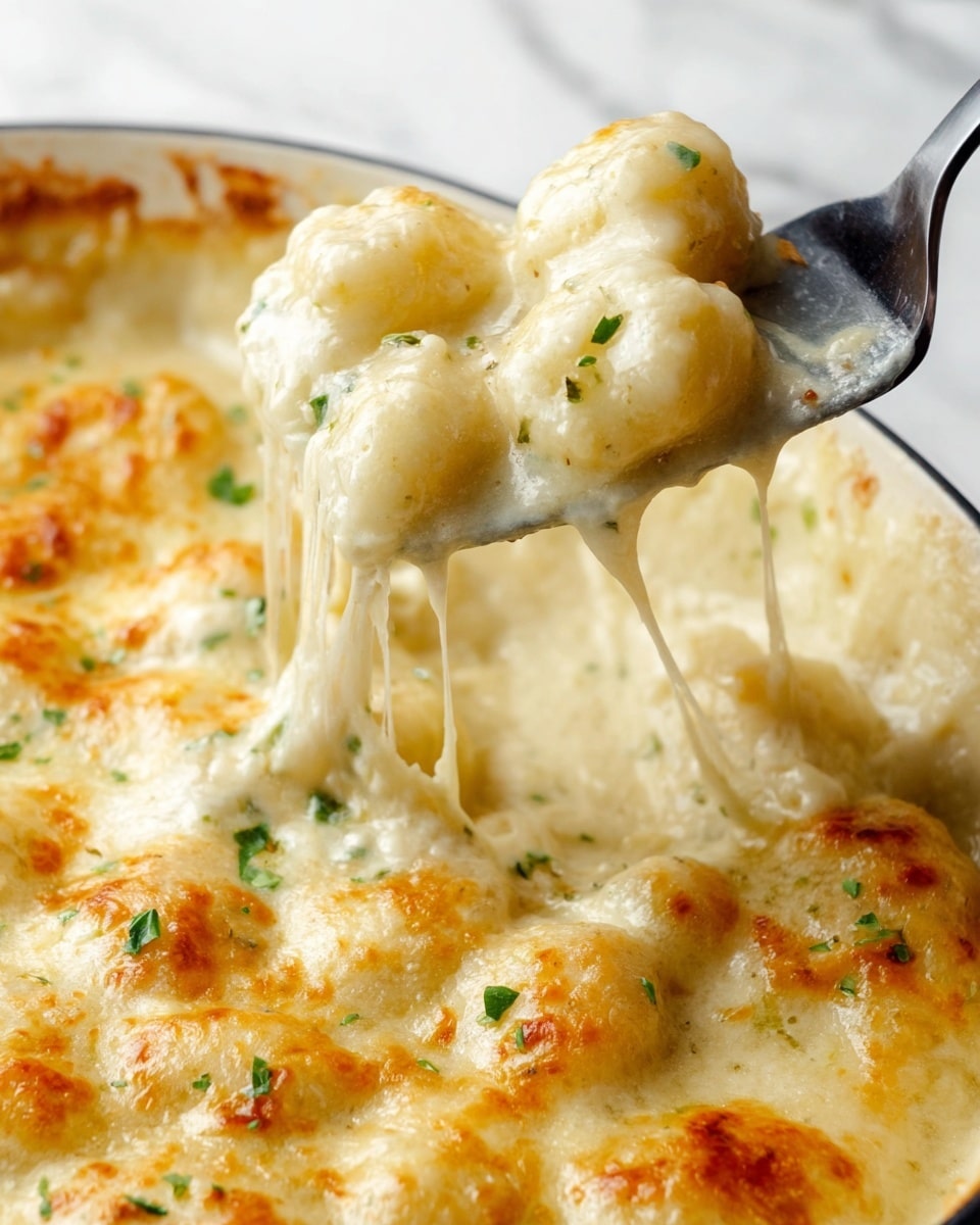The image shows a close-up of a baked dish with one layer of soft, plump gnocchi coated in a thick, creamy white sauce with melted cheese. The sauce has a smooth, slightly golden texture on top, with small green herb bits scattered across. A metal spatula lifts a few pieces of gnocchi from the white dish, with melted cheese stretching between the dish and the spatula. The background is a white marbled texture. Photo taken with an iphone --ar 4:5 --v 7