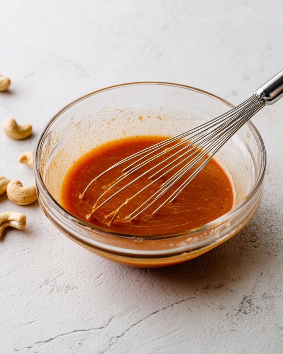 A clear glass bowl sits on a white marbled surface, holding a thick shiny orange-brown sauce. A silver metal whisk rests inside the bowl, partly covered in the sauce, with its thin wires visible through the transparent dish. Around the bowl, a few pale beige cashew nuts are scattered loosely. The lighting is soft, highlighting the rich color and smooth texture of the sauce. photo taken with an iphone --ar 4:5 --v 7