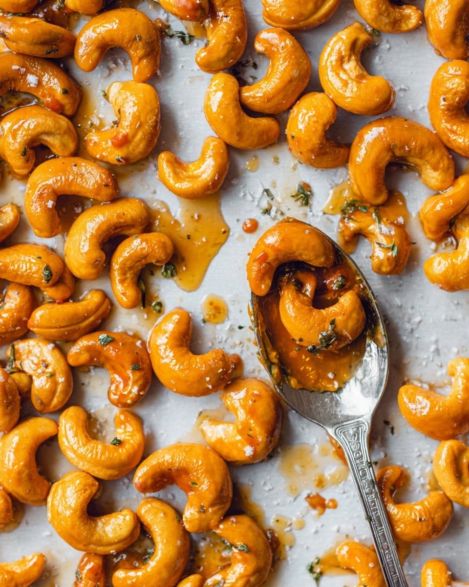 A close-up view of many golden-orange roasted cashew nuts spread across a white marbled surface. The cashews have a shiny, slightly sticky coating with small green herb bits sprinkled on them. A silver spoon filled with a few cashews and some sticky sauce is placed near the center-right of the image. Light sea salt flakes are visible on some cashews, enhancing the texture. The overall look is warm and inviting, showcasing the glossy cashews and the scattered sauce drops around them. Photo taken with an iphone --ar 4:5 --v 7