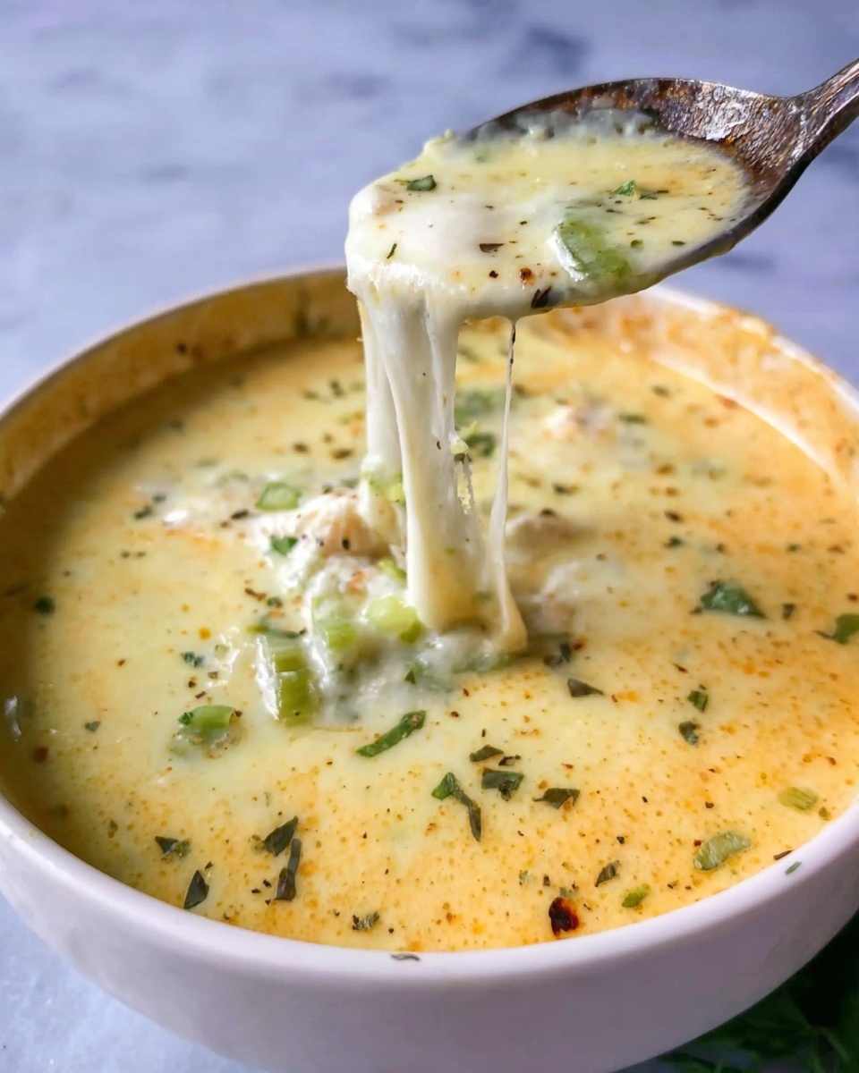 A white bowl filled with creamy, light yellow soup that has melted cheese stretching up from a spoon held by a woman's hand. The soup also has small green pieces, possibly herbs or vegetables, scattered on top and throughout. The surface of the soup looks smooth and slightly bubbly with hints of oil or seasoning. The background is a white marbled texture. photo taken with an iphone --ar 4:5 --v 7