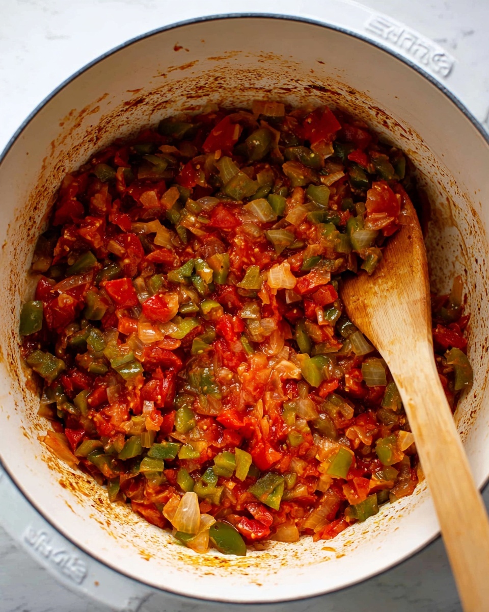 Creamy Black Bean Soup with Fresh Toppings Recipe 4 Inside a large white pot, there is a mix of cooked chopped vegetables including red tomatoes, green bell peppers, and white onions. The vegetables are soft and slightly shiny, showing they have been sautéed, with small bits of seasoning visible throughout. A wooden spoon rests inside the pot, partially covered by the vegetable mix. The inside sides of the pot have red stains from the vegetable juices. The pot sits on a white marbled surface. photo taken with an iphone --ar 4:5 --v 7
