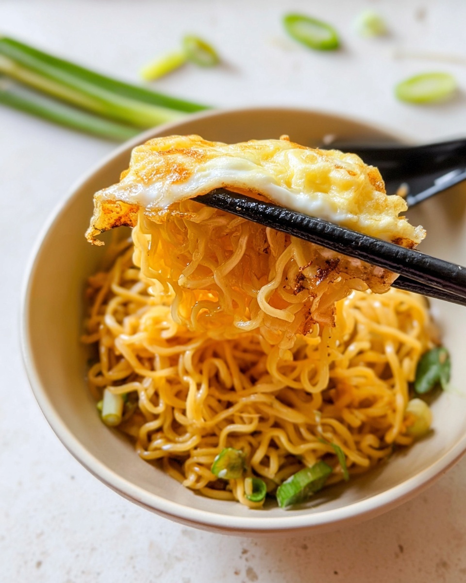 Butter Miso Noodles with Spicy Chili Oil Fried Egg Recipe 5 A close-up view of cooked yellow noodles held by black chopsticks, showing a fried egg with a crispy edge wrapped around the noodles. Below, there is a white bowl filled with more yellow noodles and small pieces of green spring onions. The bowl is placed on a white marbled surface, with a few sliced spring onions scattered on the side. The photo is clear and bright, focusing on the shiny and soft texture of the noodles and the slightly crisp fried egg. photo taken with an iphone --ar 4:5 --v 7