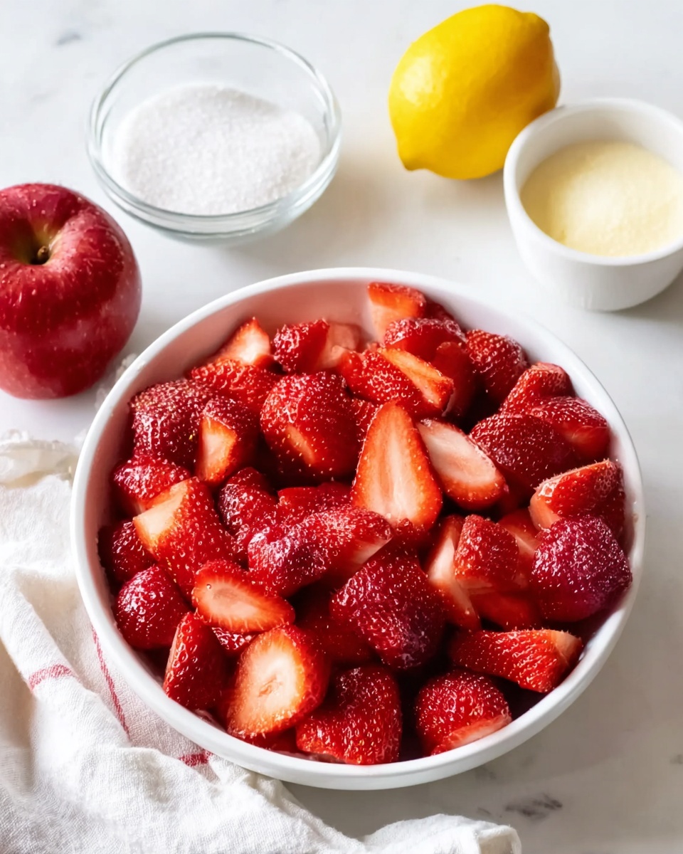 A white bowl is filled with many bright red strawberries, some of them sliced to show their juicy inside. Around the bowl, there is a red apple on the left, a glass bowl of white sugar on the right, and a yellow lemon near the top edge. The background is a white marbled texture covered partly by a white cloth under and beside the bowl. The setting looks fresh and bright with natural light. Photo taken with an iphone --ar 4:5 --v 7