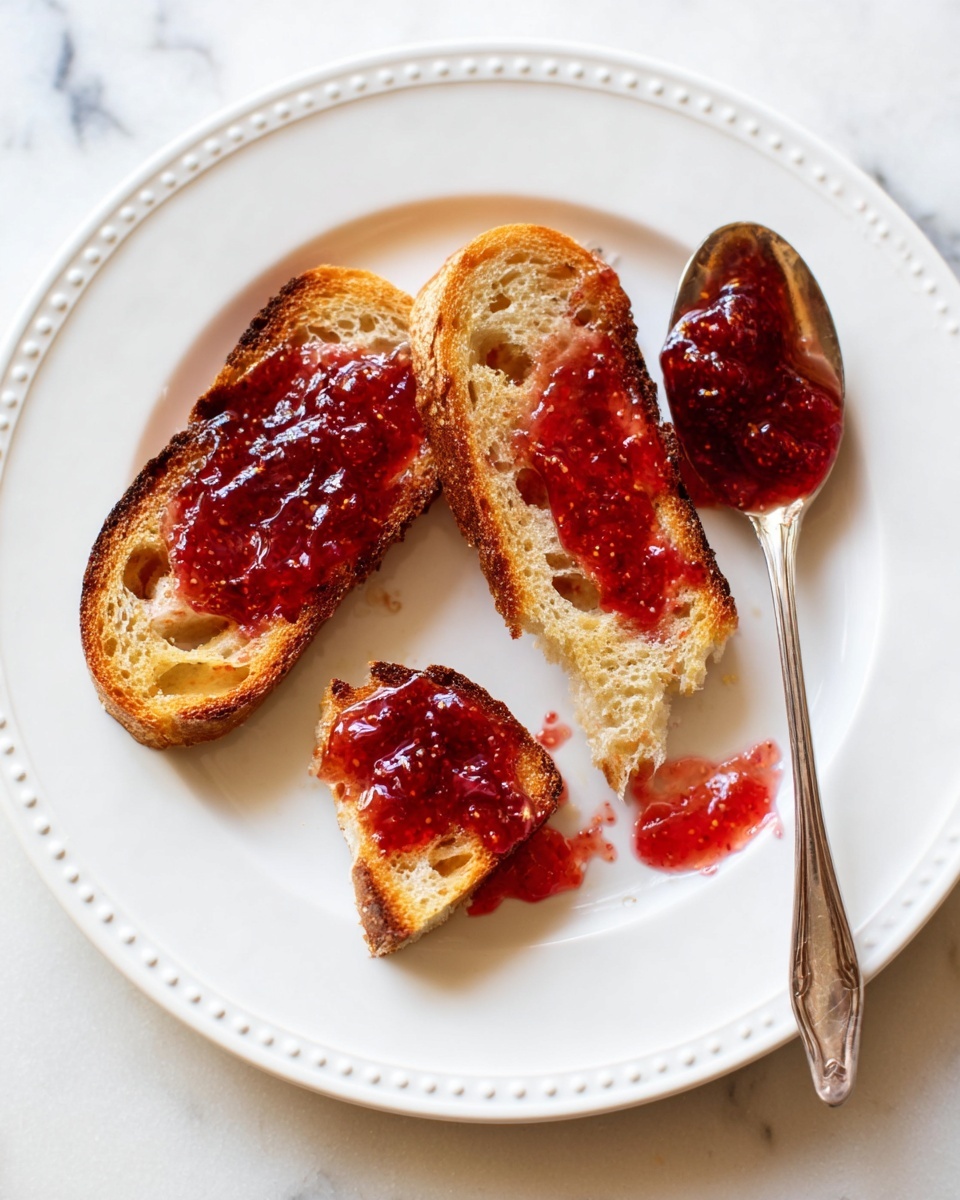 A white plate with a thin dotted pattern around the edge holds two pieces of toasted bread and one small broken piece in the center. The bread is golden brown with some darker toasted edges and has large holes typical of airy bread. Both larger slices are spread unevenly with chunky, shiny red jam, and the smaller piece has jam on one side. A silver spoon, resting on the right side of the plate, carries more jam that drips onto the plate. The plate is placed on a white marbled surface. Photo taken with an iphone --ar 4:5 --v 7