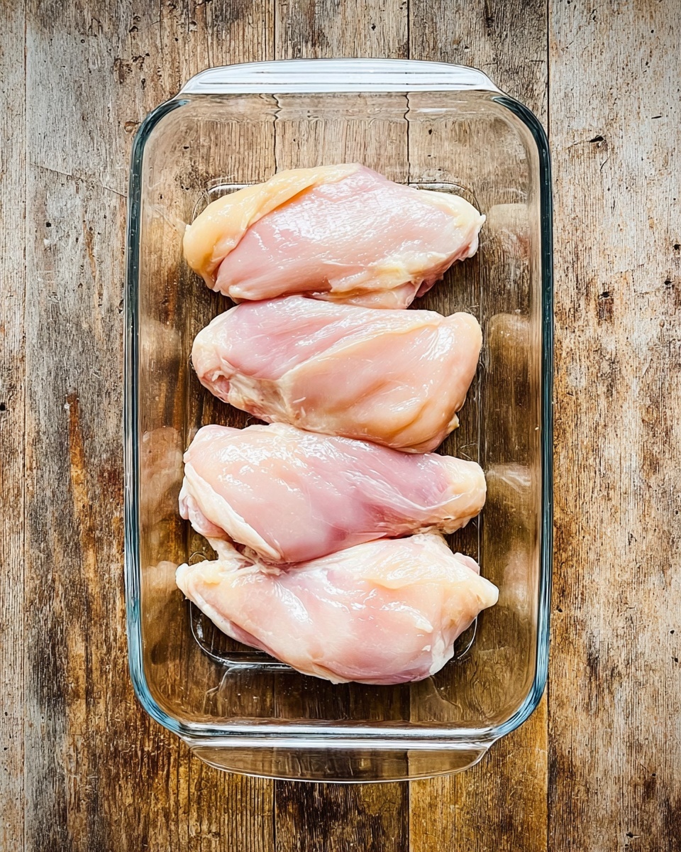 Slow Cooker Parmesan Herb Chicken & Orzo Recipe 3 A clear glass rectangular baking dish holds four pieces of raw chicken arranged in two rows, each row with two pieces placed side by side. The chicken pieces are light pink with some shiny parts, showing a smooth texture. The dish is placed on a wooden surface with a rough, weathered look that contrasts with the clear glass. photo taken with an iphone --ar 4:5 --v 7