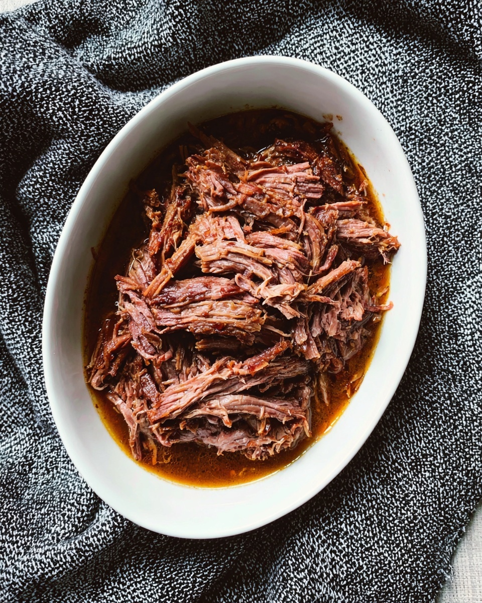 A white oval bowl filled with shredded cooked meat in a brown sauce. The meat is layered thickly, showing stringy texture and deep brown color with some lighter pinkish parts. The bowl is placed on a textured black and white checkered cloth. The overall look is rustic and hearty, with the meat soaking in the rich liquid around it. photo taken with an iphone --ar 4:5 --v 7