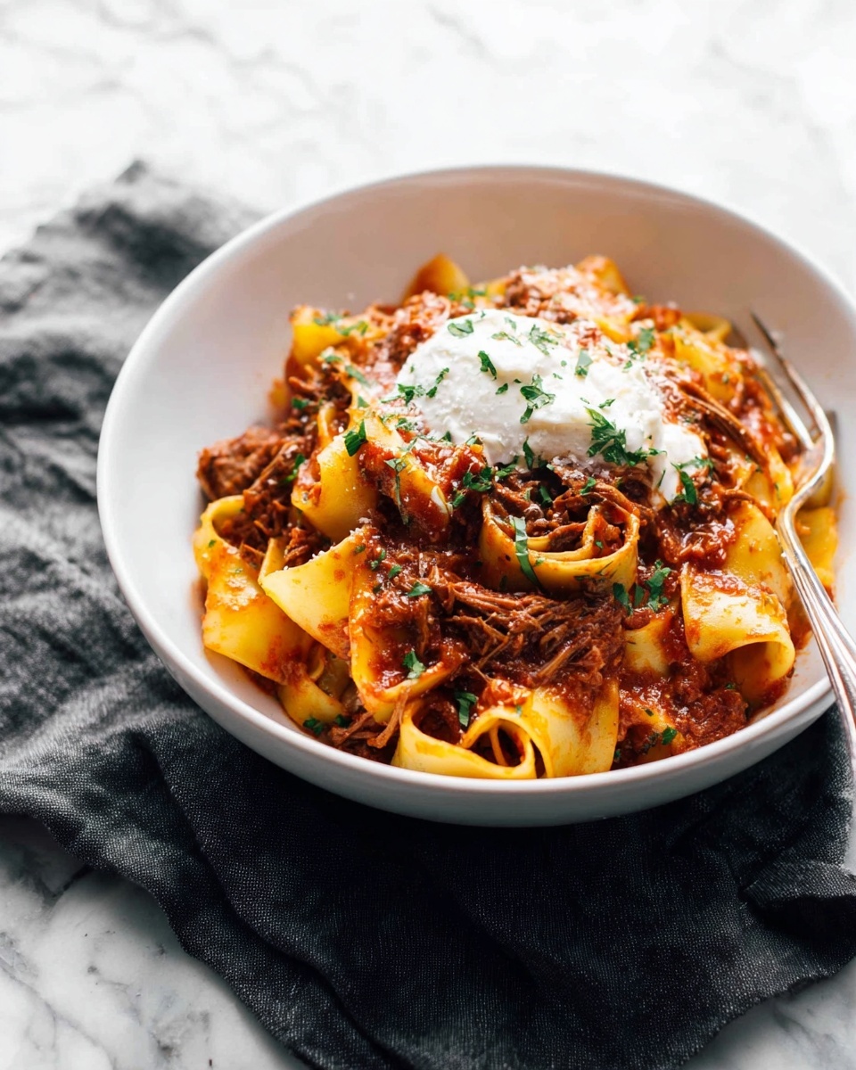 A white bowl filled with wide, yellow pasta strips layered with shredded brown meat mixed in a rich red sauce. The pasta and meat are generously coated with the sauce, giving a glossy texture. On top, there is a dollop of white creamy cheese and light green herb bits sprinkled around for garnish. The bowl sits on a dark gray cloth over a white marbled surface. A silver fork lies next to the bowl, partially on the cloth. The photo taken with an iphone --ar 4:5 --v 7