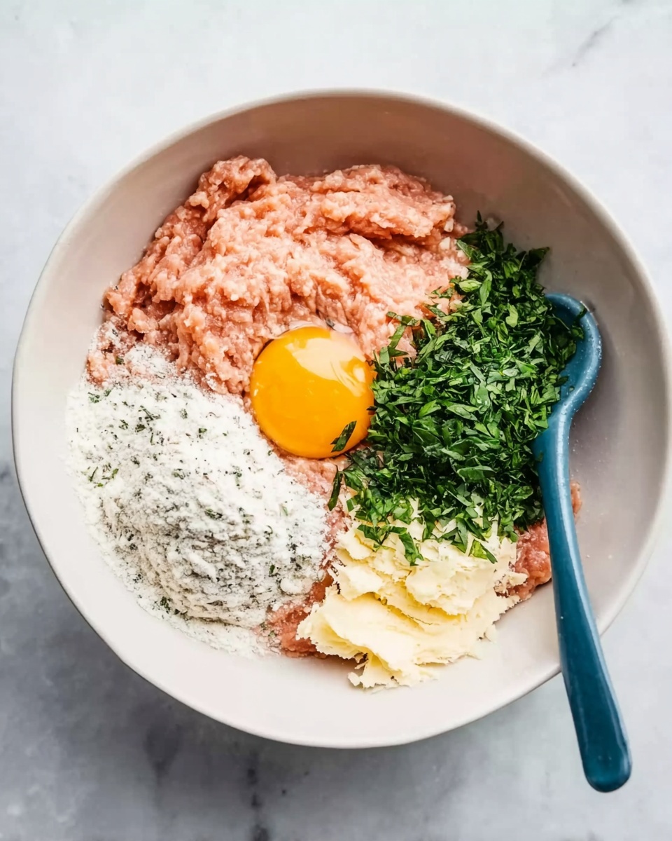 A white bowl on a white marbled surface holds a mixture of ingredients arranged in separate sections. On the left side, there is light pink, soft ground meat with a smooth texture. Near the top center is a whole raw egg yolk, bright yellow and shiny. To the right of the yolk, there is a pile of finely chopped fresh green herbs. Below the herbs, there is a small mound of white flour with a slightly powdery look. Next to the flour, a light yellow ingredient that looks like soft cheese or creamy substance is placed. The layers create a colorful and textured composition. A blue spoon rests on the right edge of the bowl. Photo taken with an iphone --ar 4:5 --v 7