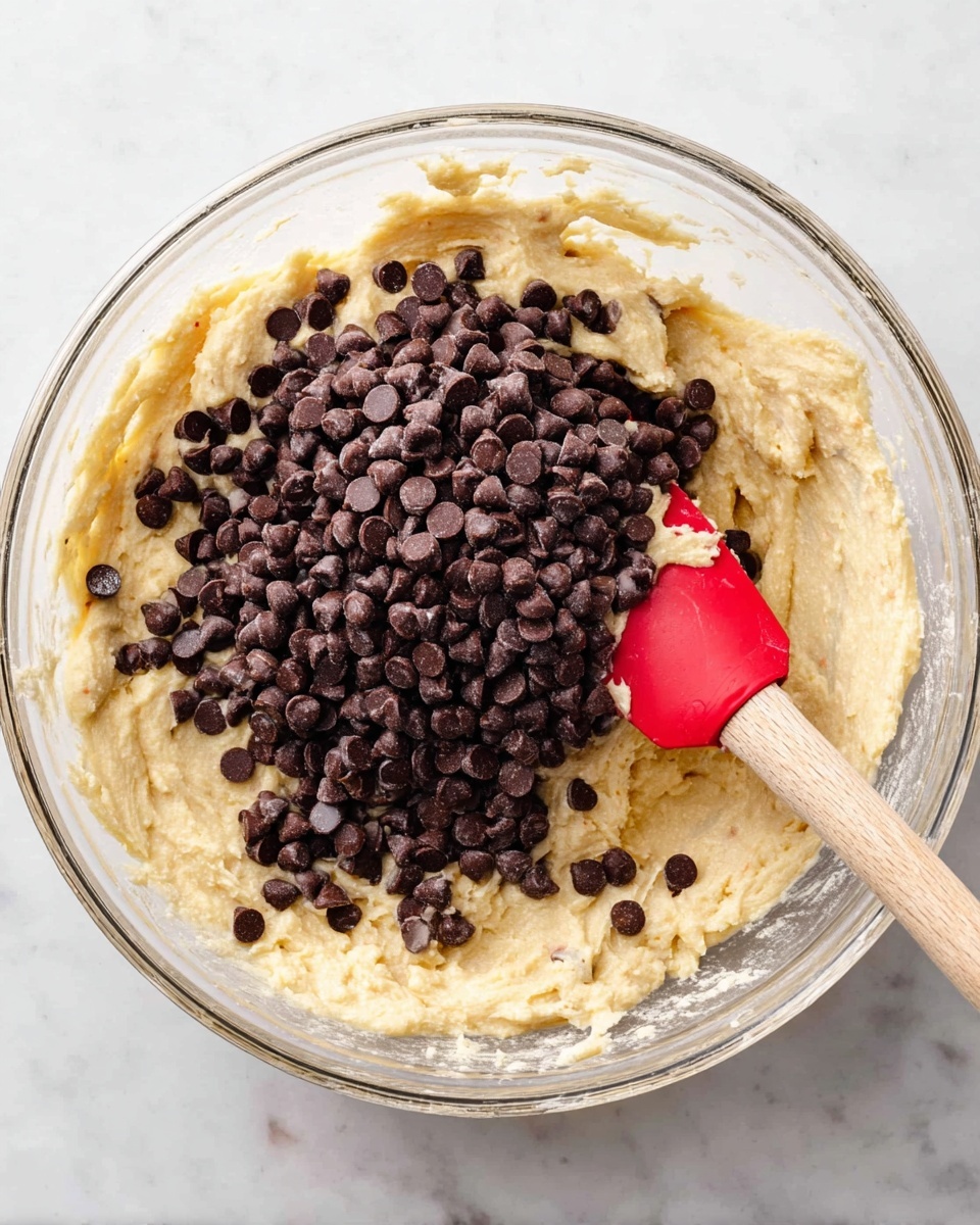 A clear glass bowl filled with thick, pale yellow batter that has a slightly lumpy texture, topped with a large pile of small dark brown chocolate chips concentrated in the middle. A wooden spatula with a red silicone head is partially submerged on the right side of the batter, showing some batter stuck on it. The bowl sits on a white marbled surface. photo taken with an iphone --ar 4:5 --v 7