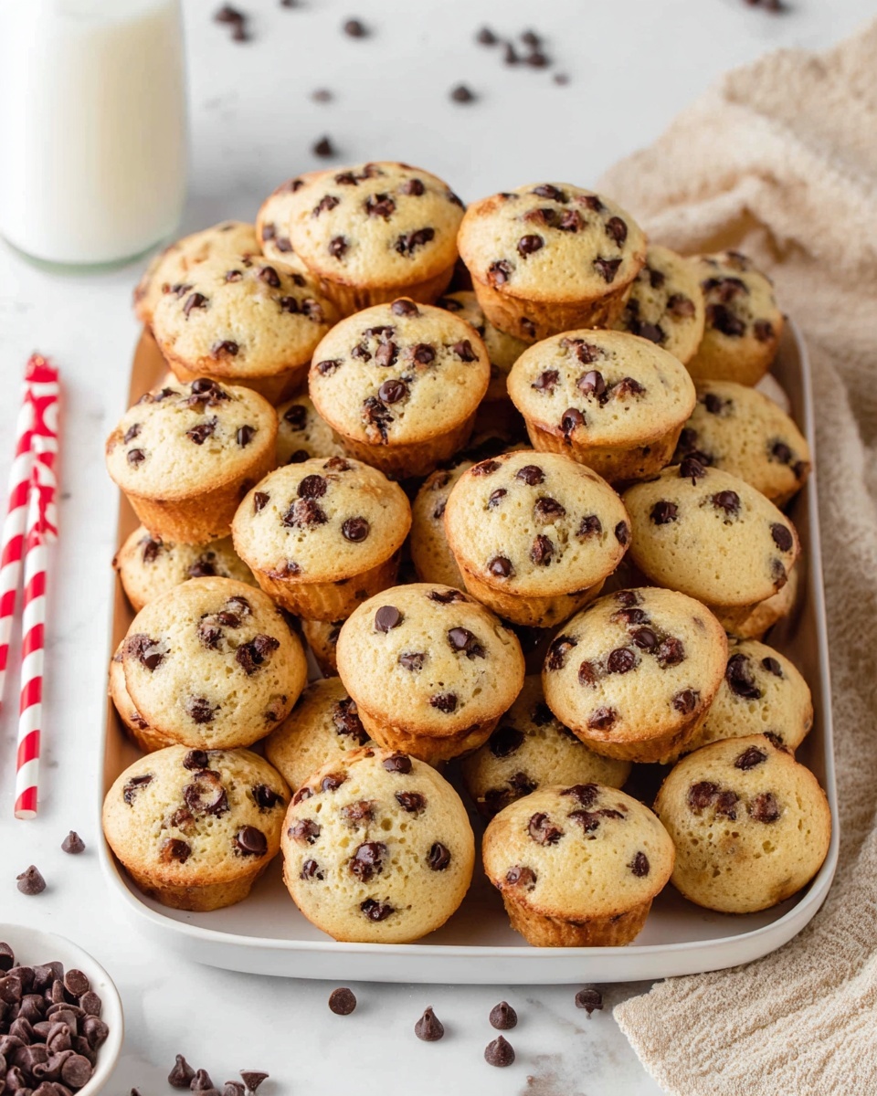 A large white plate filled with many small round mini chocolate chip muffins stacked closely together, each muffin is light golden brown with dark chocolate chips spread unevenly on the top and inside. The plate sits on a white marbled surface with scattered chocolate chips around. There is a red and white striped straw on the left side and a bottle of milk partially visible at the top left. A beige cloth is draped in the background on the right side. photo taken with an iphone --ar 4:5 --v 7