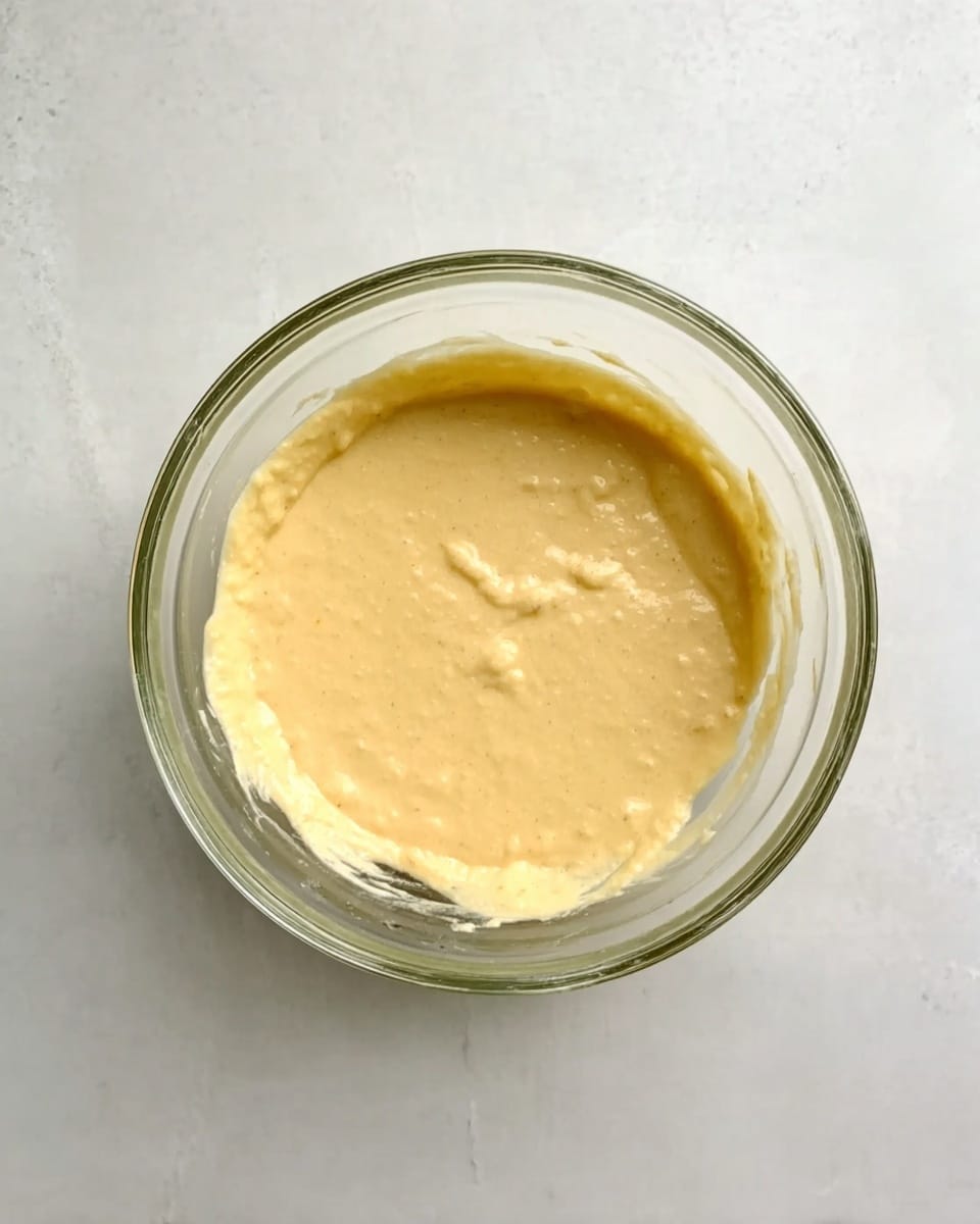 A clear glass bowl sits on a white marbled surface, filled with a smooth, light yellow batter. The batter spreads evenly in the bowl, showing a thick but creamy texture with a few small lumps. The bowl's round shape and transparent glass give a clear view of the batter inside. photo taken with an iphone --ar 4:5 --v 7