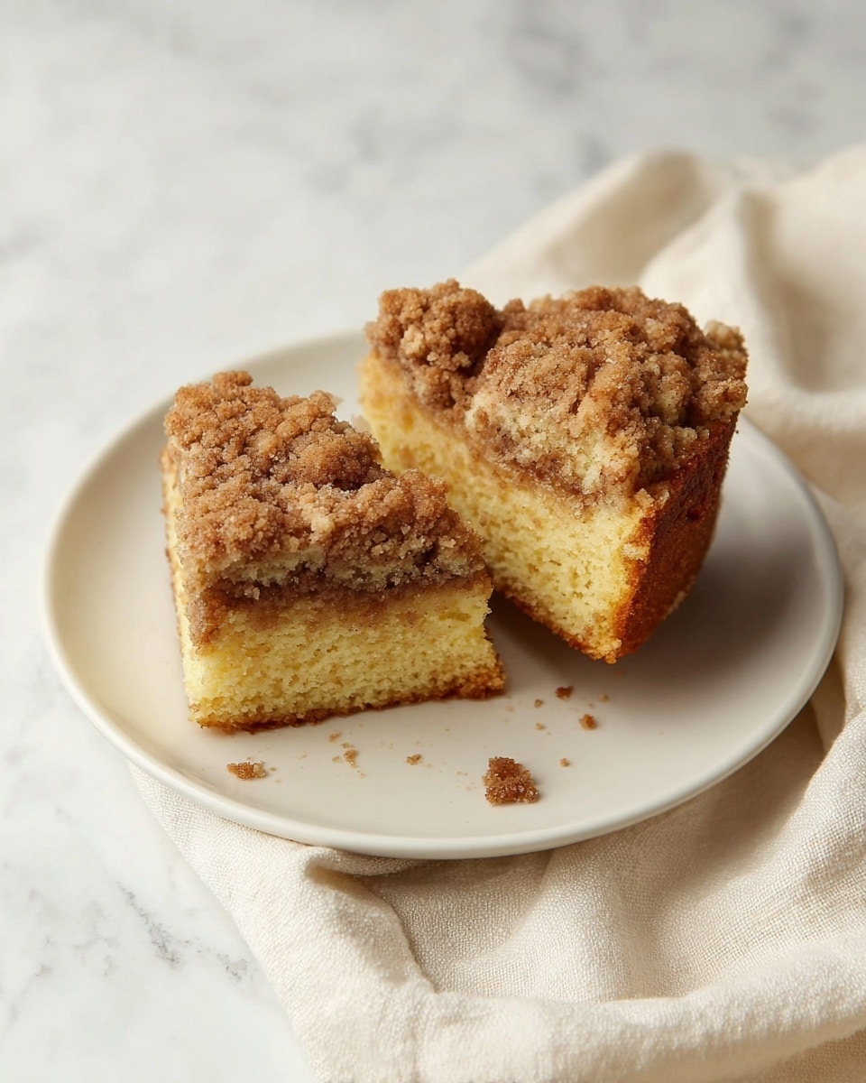Two thick slices of crumb cake sit on a white plate. The bottom layer is a soft and moist yellow cake, while the top layer is a crumbly, textured brown topping made of sugar and cinnamon. The crumbs are uneven and crunchy, covering the entire top surface. A few small crumbs are scattered around the slices on the plate. The plate is set on a white marbled surface with a soft, cream-colored cloth nearby. photo taken with an iphone --ar 4:5 --v 7