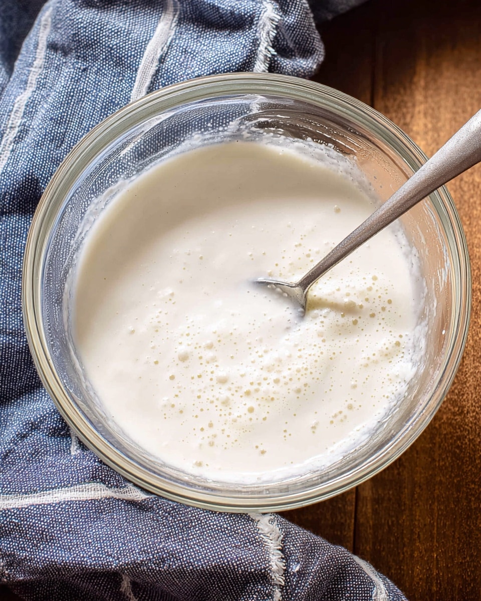 A clear glass bowl holds a single layer of smooth, white batter with a few small bubbles and a creamy texture. A silver spoon rests inside the bowl, partially dipped into the batter on the right side. The bowl sits on a brown wooden surface, covered partially by a blue and white striped cloth in the top left corner. The photo has a warm, natural light and a cozy feel. Photo taken with an iphone --ar 4:5 --v 7
