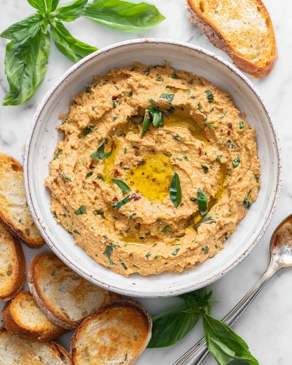 A bowl with a creamy dip that has a light brownish-orange color with green herbs mixed in, showing a rough texture. The dip is swirled with a small pool of shiny golden olive oil in the center, topped with a few small green basil leaves. The bowl is white with a slightly rustic edge and sits on a white marbled surface. Around the bowl are some toasted slices of bread, light golden brown with a crisp texture. Fresh green basil leaves and a metal spoon with a long handle are placed near the bowl, adding fresh and simple elements to the scene. Photo taken with an iphone --ar 4:5 --v 7