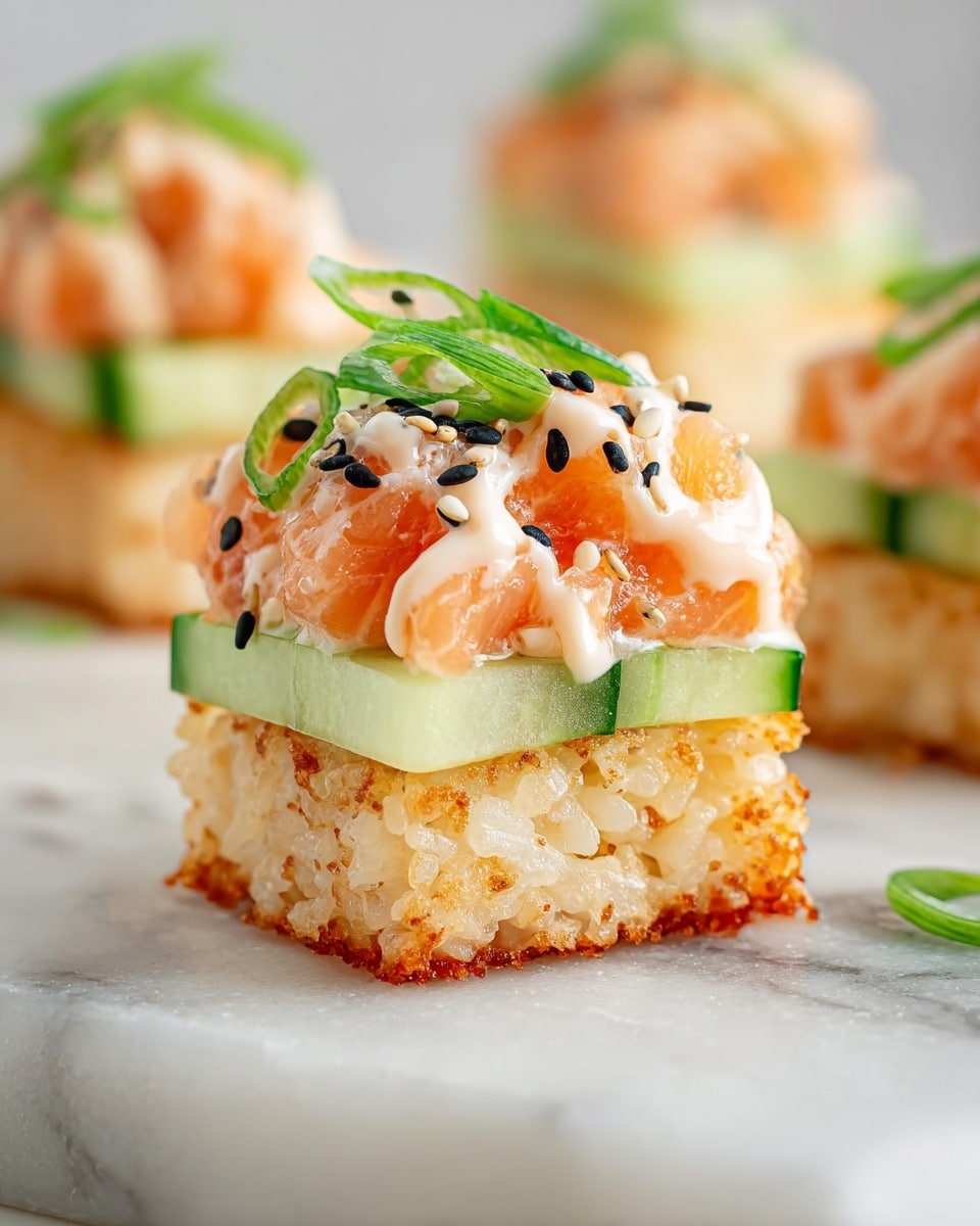 This image shows a small square stack with three clear layers on a white marbled surface. The bottom layer is crispy and golden-brown rice with a slightly rough texture. Above it is a smooth, bright green cucumber slice cut into a thin rectangle. The top layer is a creamy mix of light orange salmon chunks coated in a soft, pale sauce, sprinkled with black and white sesame seeds and small pieces of fresh green onion rings. Other similar stacks are softly blurred in the background. Photo taken with an iphone --ar 4:5 --v 7