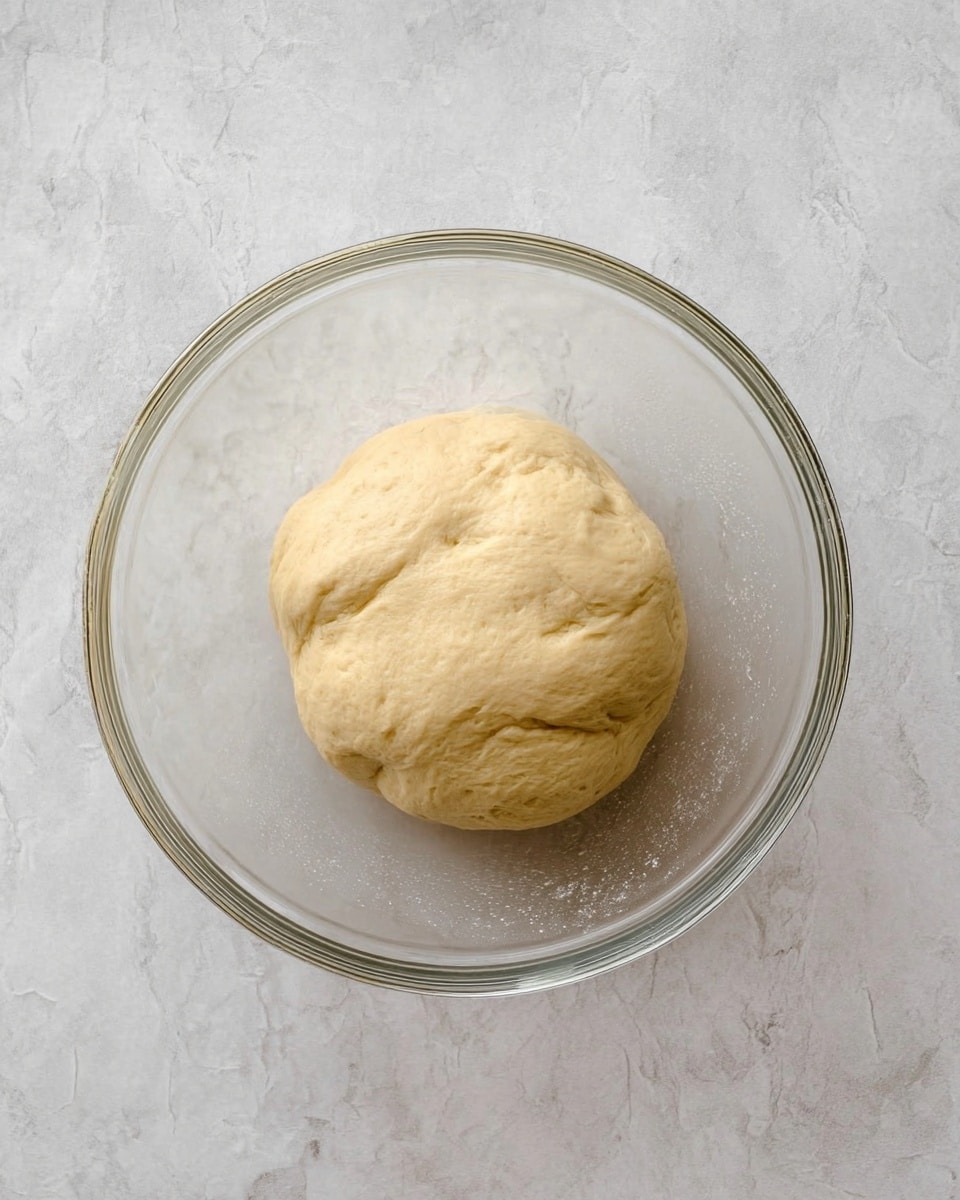 A smooth, light beige dough ball sits in the center of a clear glass bowl. The dough looks soft and slightly puffy with a few gentle folds and small dimples on its surface. The bowl rests on a white marbled surface, giving a clean and bright background to the simple scene. photo taken with an iphone --ar 4:5 --v 7