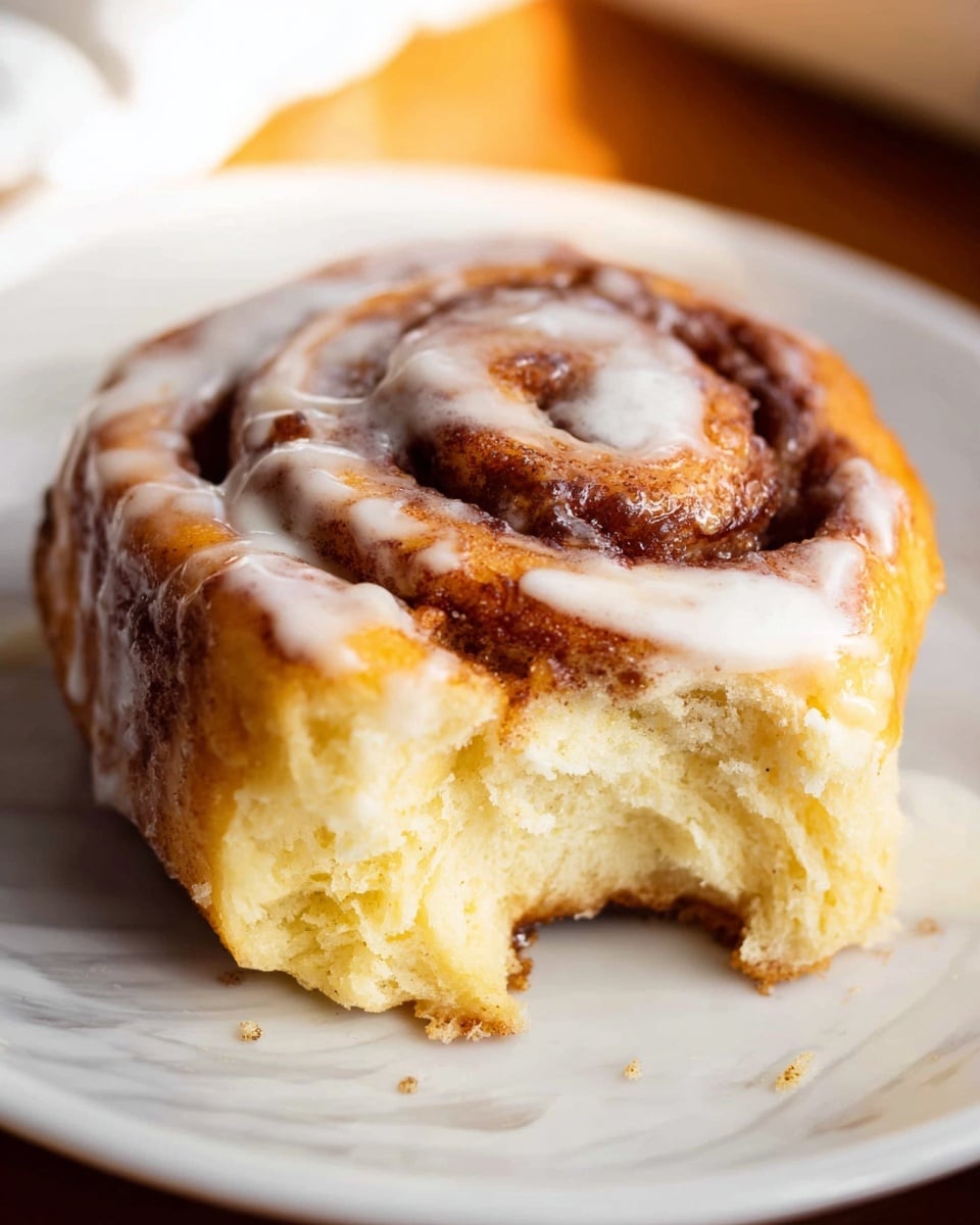 A close-up of a cinnamon roll on a white plate with white marbled texture underneath. The roll shows two main layers: the bottom layer is a thick, soft, pale yellow dough with a fluffy texture, and the top layer is a darker brown, cinnamon-swirled dough rolled into a spiral. White creamy icing is spread unevenly on the top and slightly drips down the sides, especially on the left side. One large bite is taken from the front right side, showing the soft inside of the dough. The background is blurred, with warm light highlighting the roll’s soft and moist texture. Photo taken with an iphone --ar 4:5 --v 7