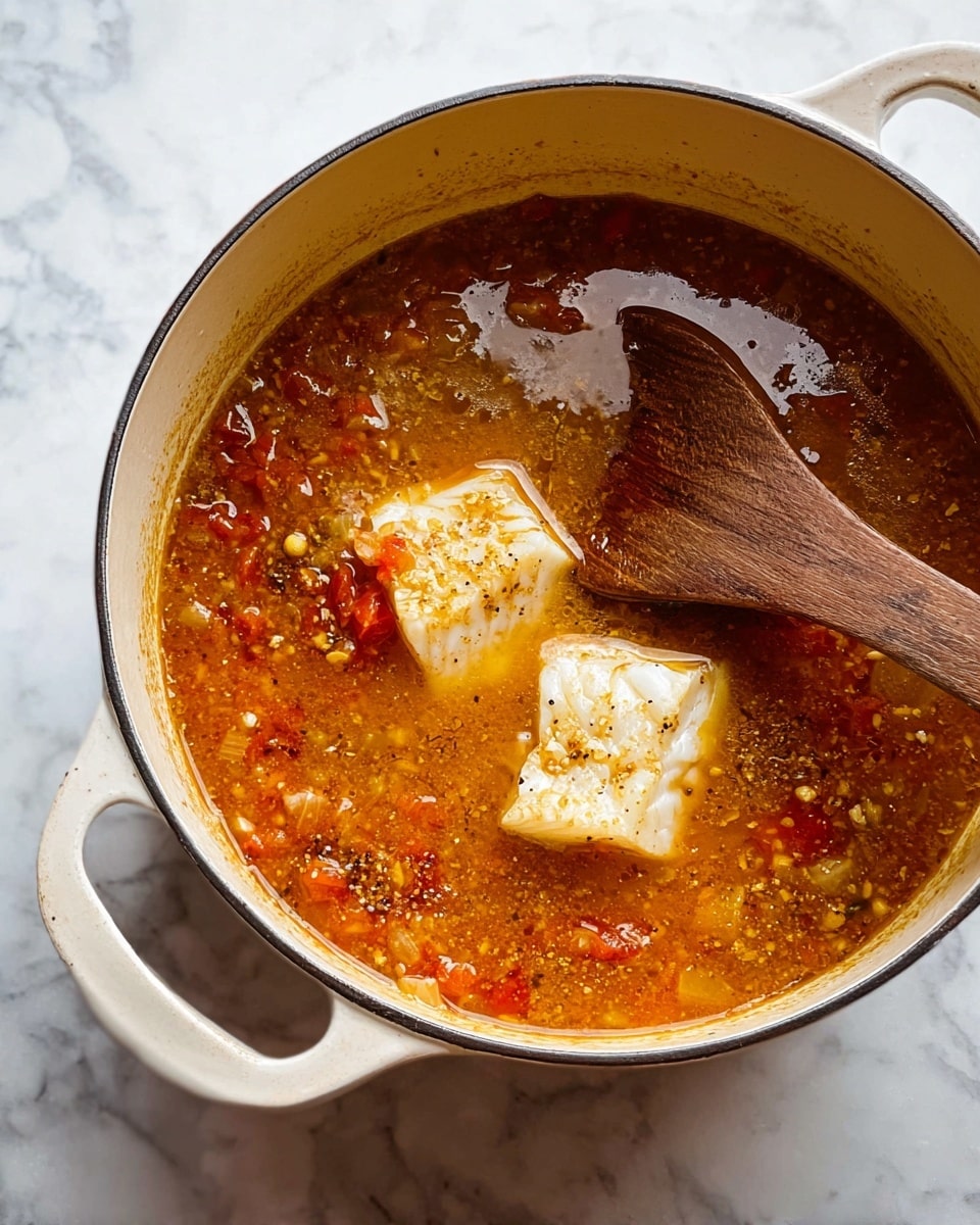 A white pot filled with two pieces of light-colored fish partially submerged in a rich reddish-orange broth. The broth has visible small chunks of tomatoes, onions, and some spices floating throughout, giving a textured and slightly oily surface. A wooden spoon with a medium brown color rests inside the pot, touching one fish piece and slightly stirring the broth. The pot and spoon sit on a white marbled surface, bright with natural light, emphasizing the warm colors of the soup. photo taken with an iphone --ar 4:5 --v 7