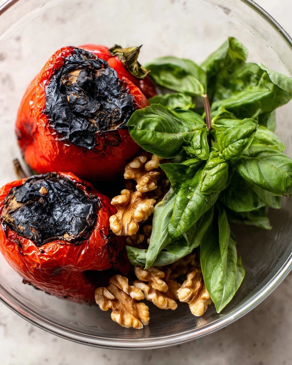 The image shows two roasted red peppers with black charred skin on the top, revealing bright red inside parts where the skin has cracked. Around the peppers, there are several walnut pieces that are light brown and textured. On the right side, a bunch of fresh green basil leaves with visible veins is placed, adding a fresh look to the dish. All these ingredients are placed inside a clear white bowl over a white marbled surface. photo taken with an iphone --ar 4:5 --v 7