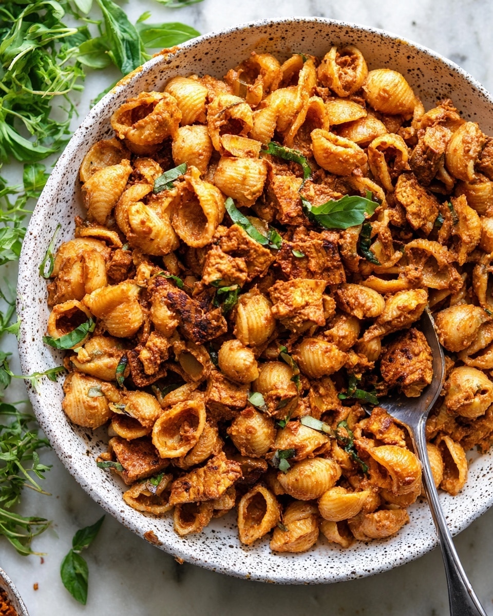 A close-up view of a large white speckled bowl filled with a dry pasta dish. The pasta is small, shell-shaped, coated in a textured reddish-brown sauce. Mixed throughout are pieces of browned, crispy tofu or chicken-like chunks. Scattered green leaves, possibly basil or arugula, add a fresh contrast. A silver spoon is partly buried in the food, slightly lifting some pasta. The bowl sits on a white marbled surface with some fresh green herb leaves nearby. Photo taken with an iphone --ar 4:5 --v 7