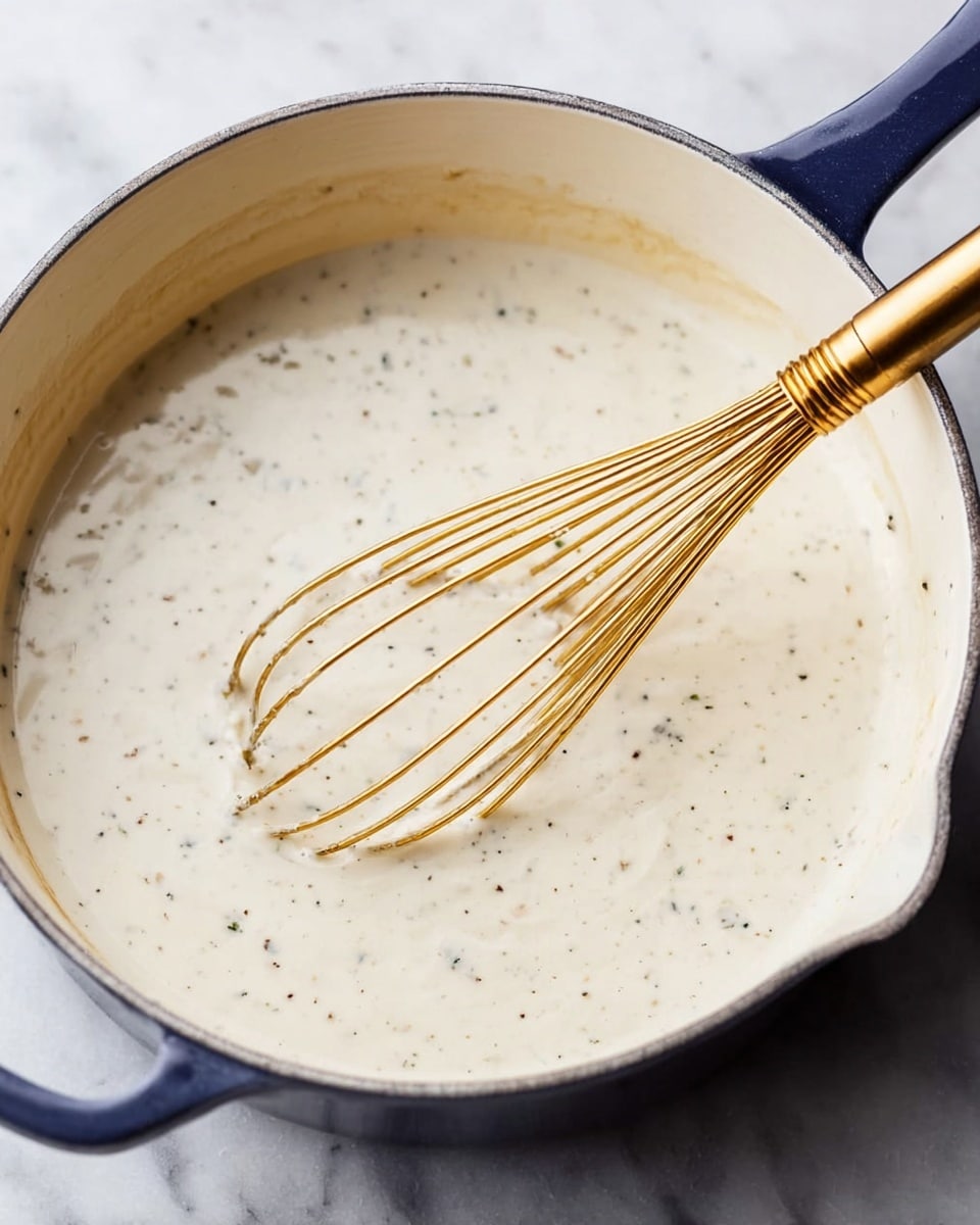 A close-up view of a saucepan filled with a creamy white sauce that has small black and brown specks throughout, indicating spices or herbs mixed in. Inside the saucepan, a gold-colored whisk is partially dipped and coated in the sauce, resting at an angle. The saucepan has a white interior and a dark blue handle, sitting on a white marbled surface. The sauce looks smooth and slightly thick in texture. photo taken with an iphone --ar 4:5 --v 7