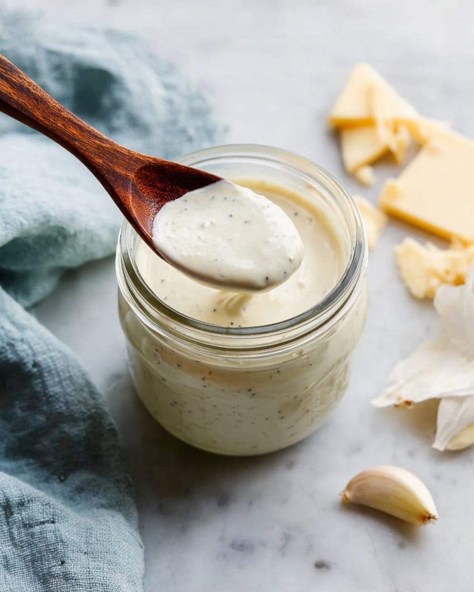 A clear glass jar is filled with smooth, creamy white sauce with small black specks throughout, showing a slightly thick texture. A dark wooden spoon is dipped into the sauce, lifting some of it, with the spoon positioned near the front of the jar. Around the jar, there are pieces of light yellow cheese and peeled garlic cloves scattered on a white marbled background. A soft, light blue cloth is partially visible on the left side, adding a cozy feel. Photo taken with an iphone --ar 4:5 --v 7