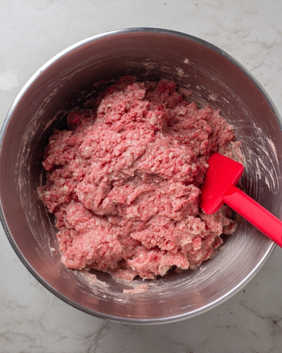 A large stainless steel mixing bowl filled with a pink minced meat mixture that has a soft, slightly chunky texture, appearing moist and evenly combined throughout. A bright red silicone spatula is partially inserted into the mixture on the right side of the bowl, with the spatula handle resting on the bowl's edge. The background is a white marbled texture, and the image is taken from above, showing the full contents inside the bowl. photo taken with an iphone --ar 4:5 --v 7