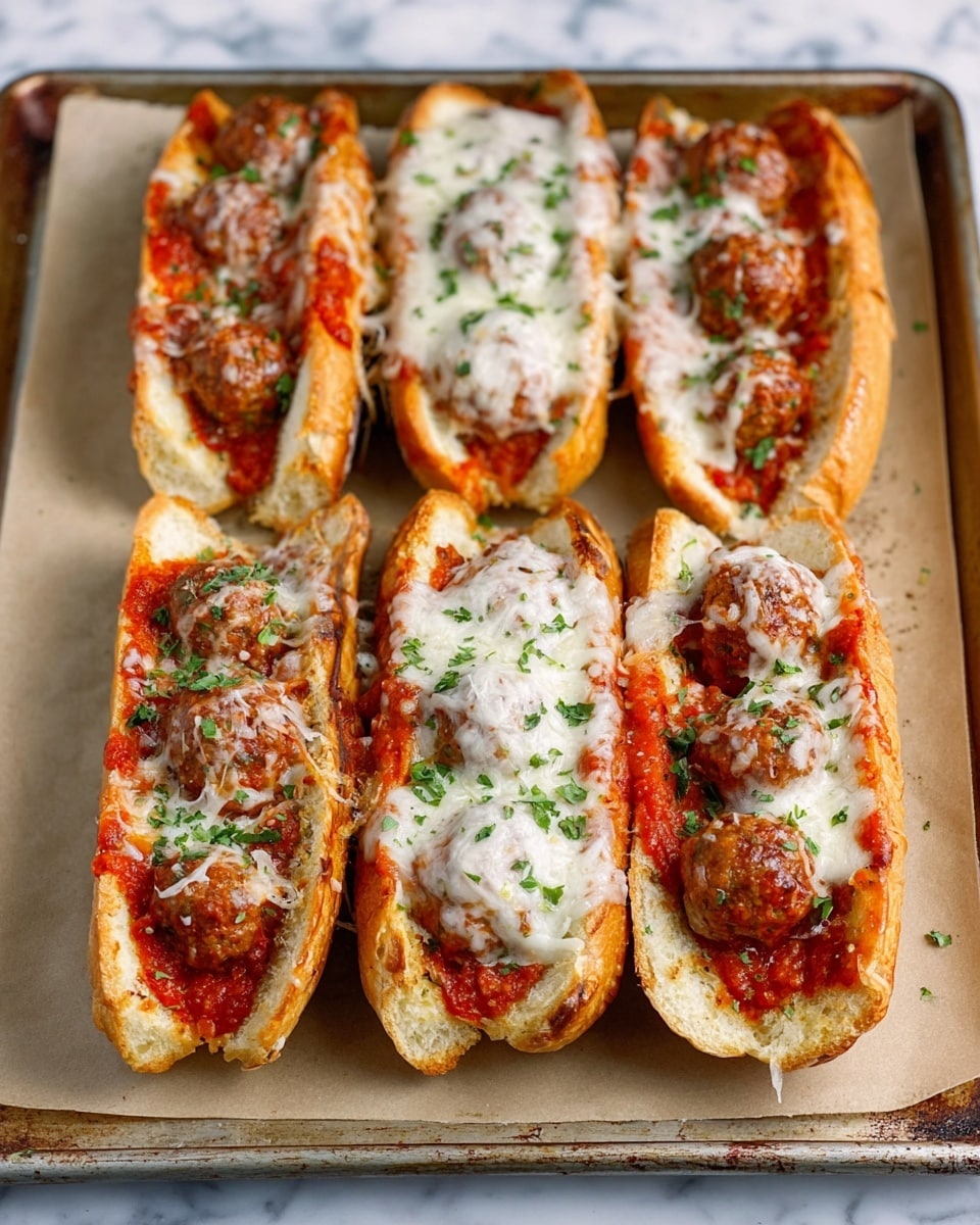 Four meatball subs are lined up on a parchment paper over a metal baking tray. Each sub has a toasted long white bun as the base, brushed with butter and sprinkled with finely chopped green herbs. On top, there are evenly spaced round meatballs covered in a thick layer of bright red tomato sauce. A layer of melted white cheese blankets the meatballs, with small green herb pieces sprinkled over the cheese for garnish. The buns are slightly open, showing the filling inside, and the tray is placed on a white marbled surface. Photo taken with an iphone --ar 4:5 --v 7